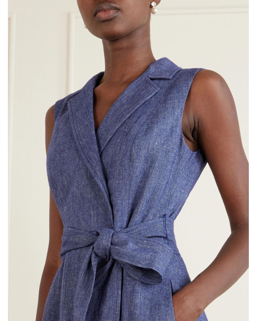 Carolina Herrera Blue Belted Linen, Wool, Cashmere And Silk-Blend Midi Dress