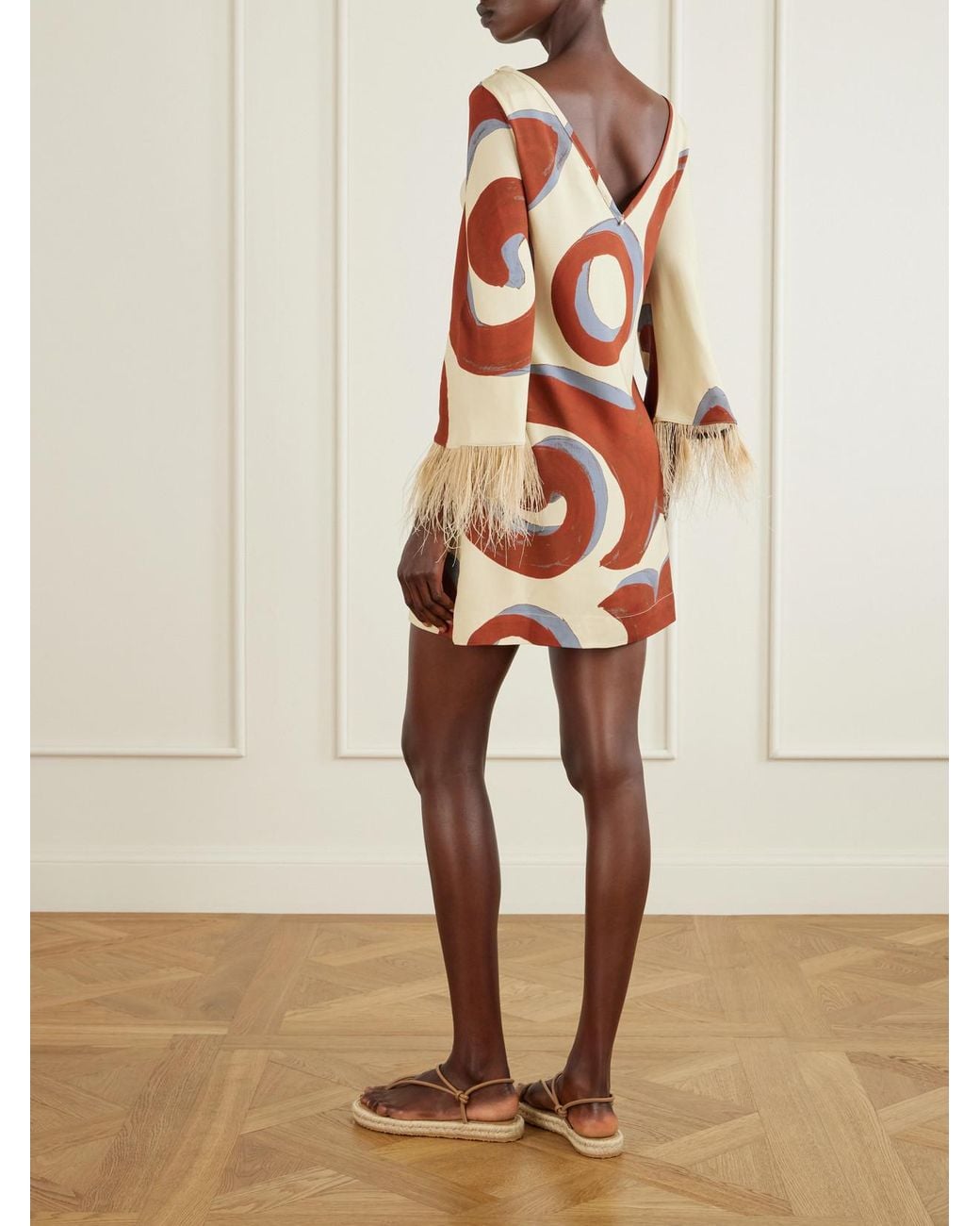 Themis Z Multicolor Kyra Sabra Feather-Trimmed Printed Crepe Mini Dress