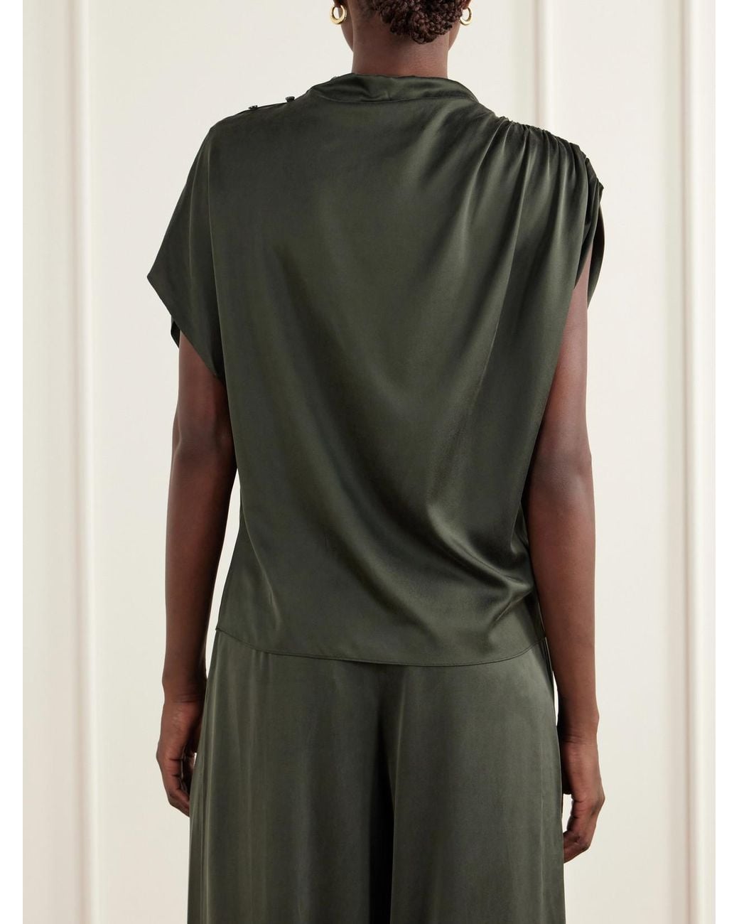 Twp Green Wish You Would Asymmetric Draped Silk-Blend Charmeuse Blouse