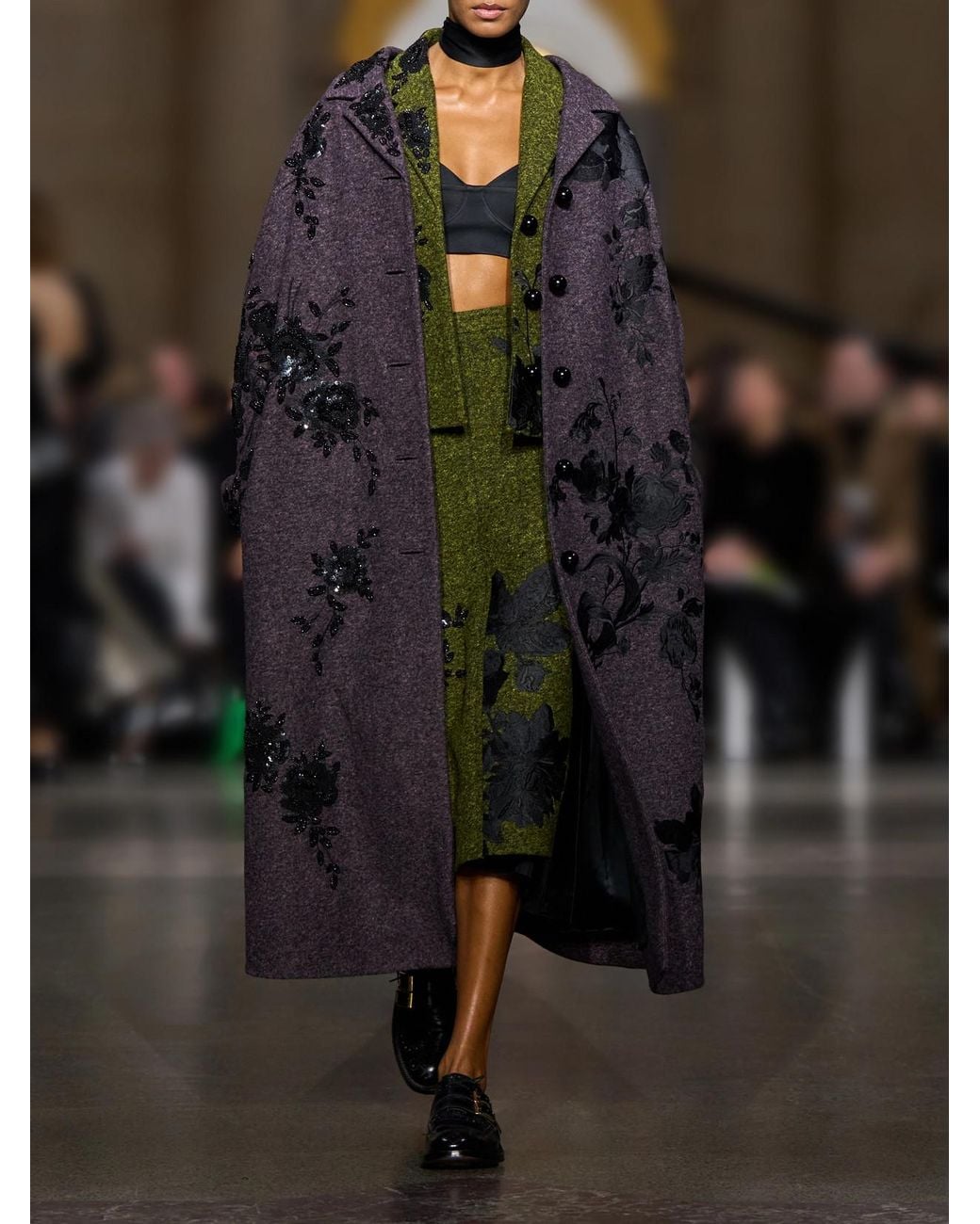 Erdem Green Embellished Floral-Embroidered Pleated Satin And Twill Midi Skirt