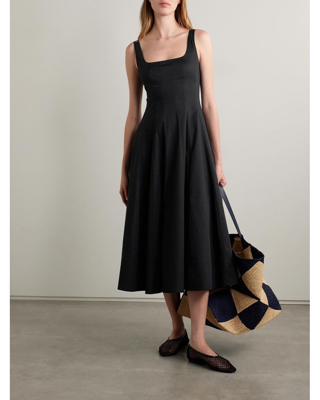 Staud Black Wells Pleated Cotton-Blend Poplin Midi Dress