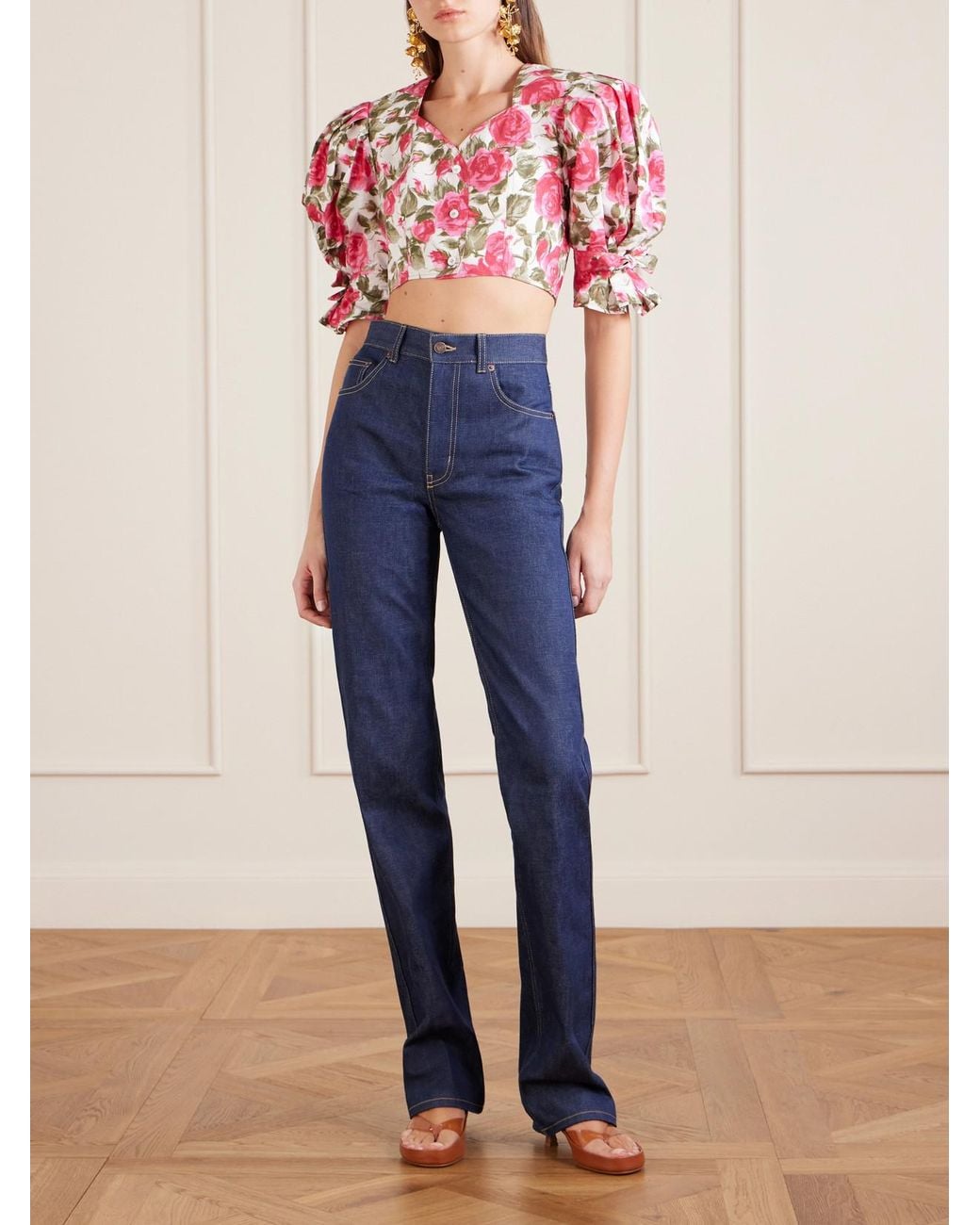 Chloé Red Cropped Floral-Print Cotton-Poplin Top