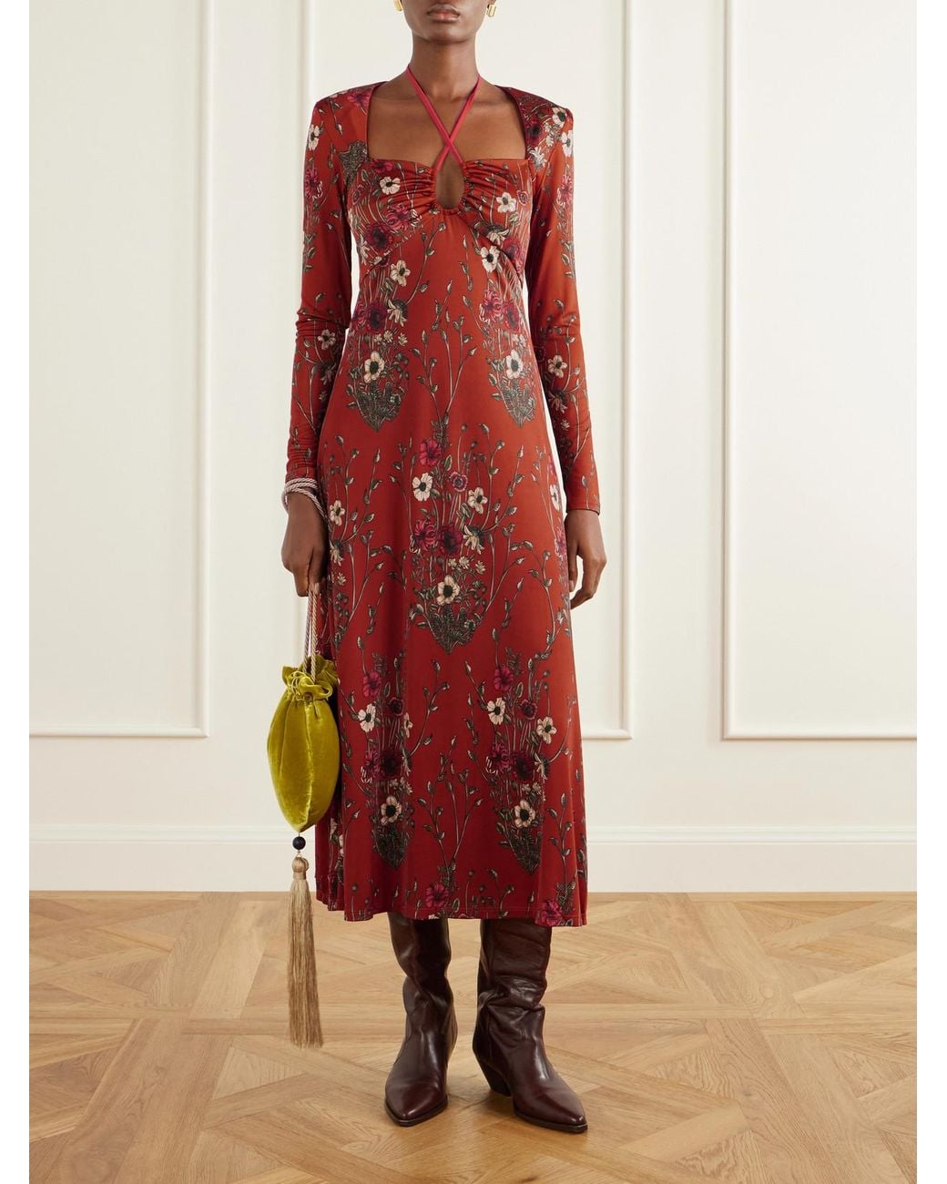 Johanna Ortiz Festive Performance Gathered Floral-Print Stretch-Jersey Midi Dress