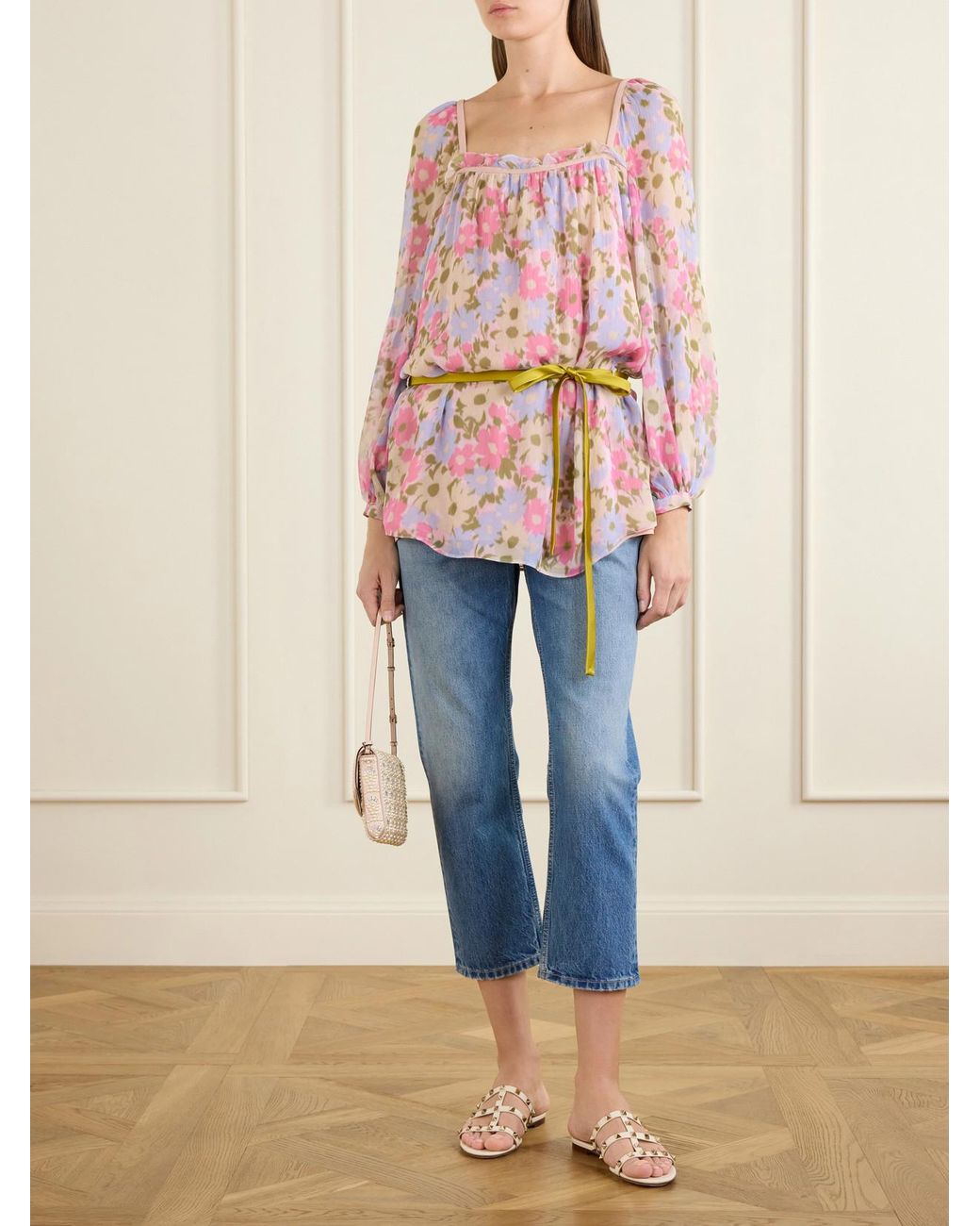 Valentino Garavani Pink Belted Floral-Print Silk-Georgette Blouse