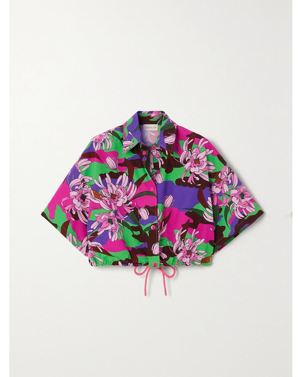 Moncler Pink Cropped Floral-Print Cotton-Poplin Shirt