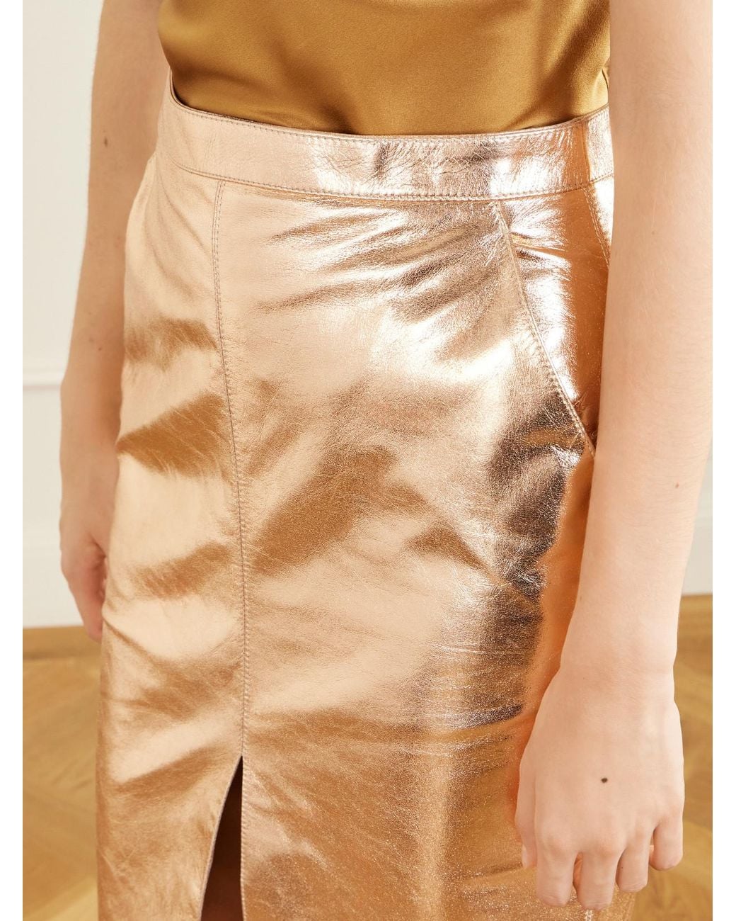 Saint Laurent White Metallic Leather Midi Skirt