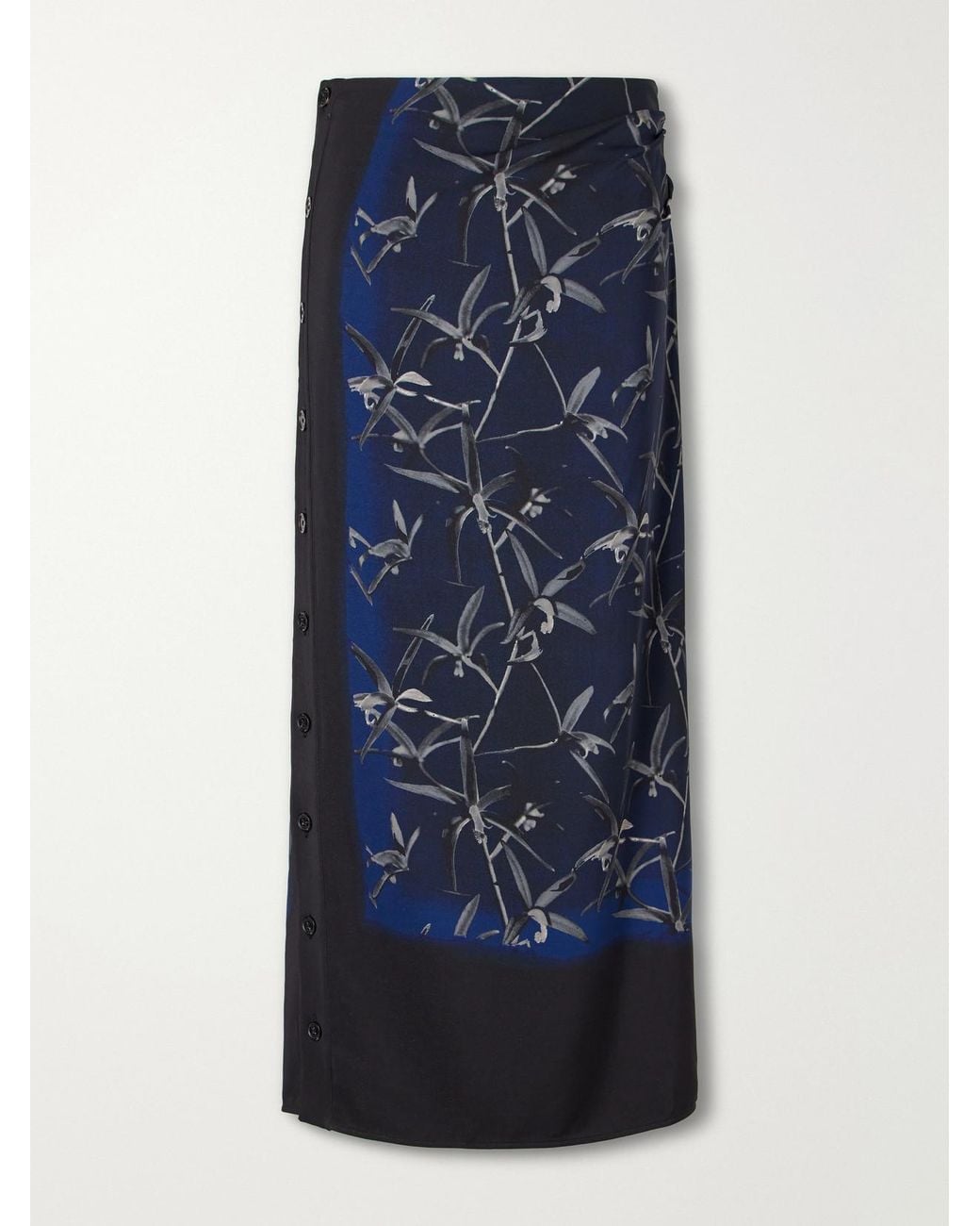 Proenza Schouler Blue Anais Floral-Print Button-Detailed Gathered Stretch-Cady Skirt