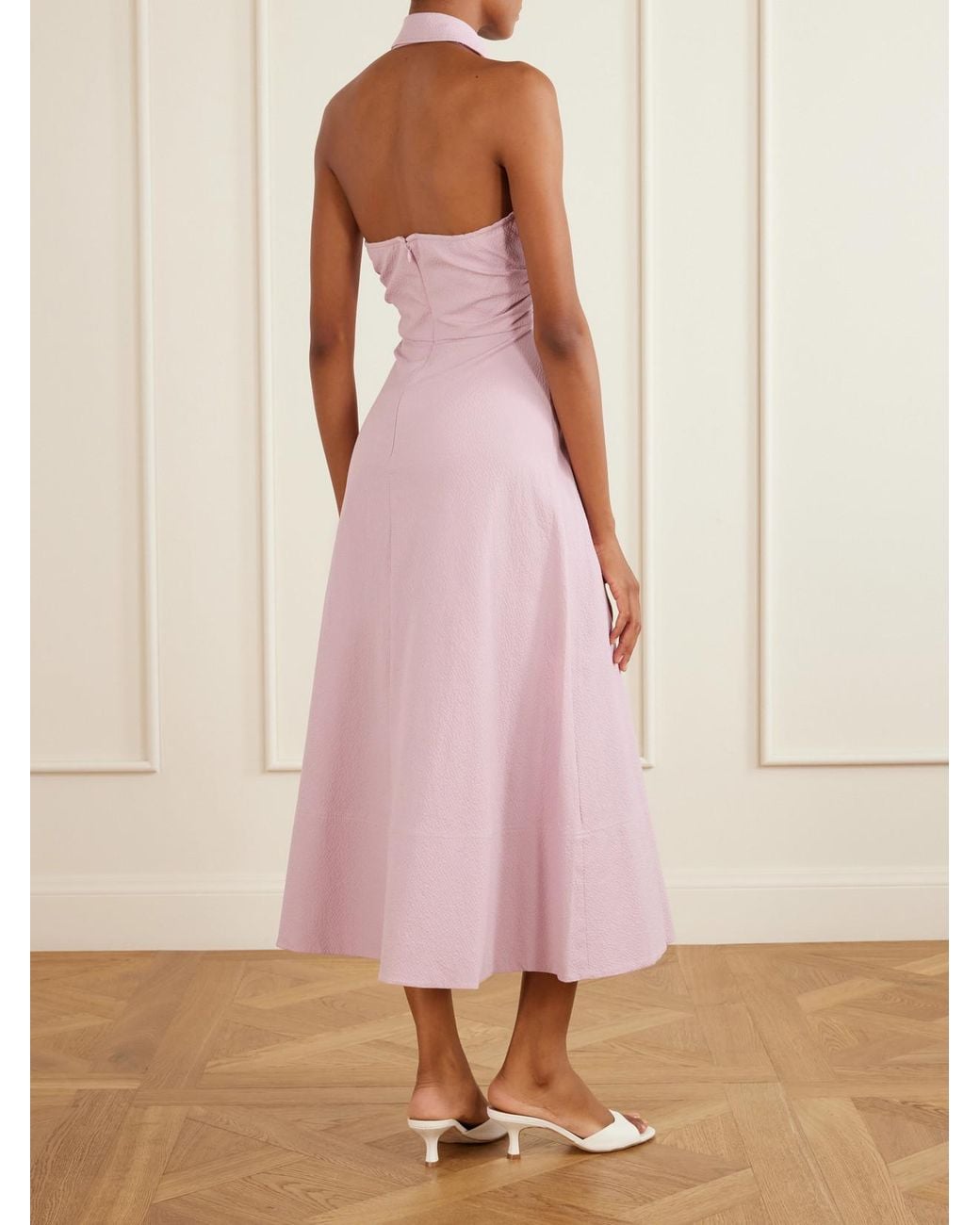 Veronica Beard Pink Mackey Cotton-Blend Seersucker Halterneck Midi Dress