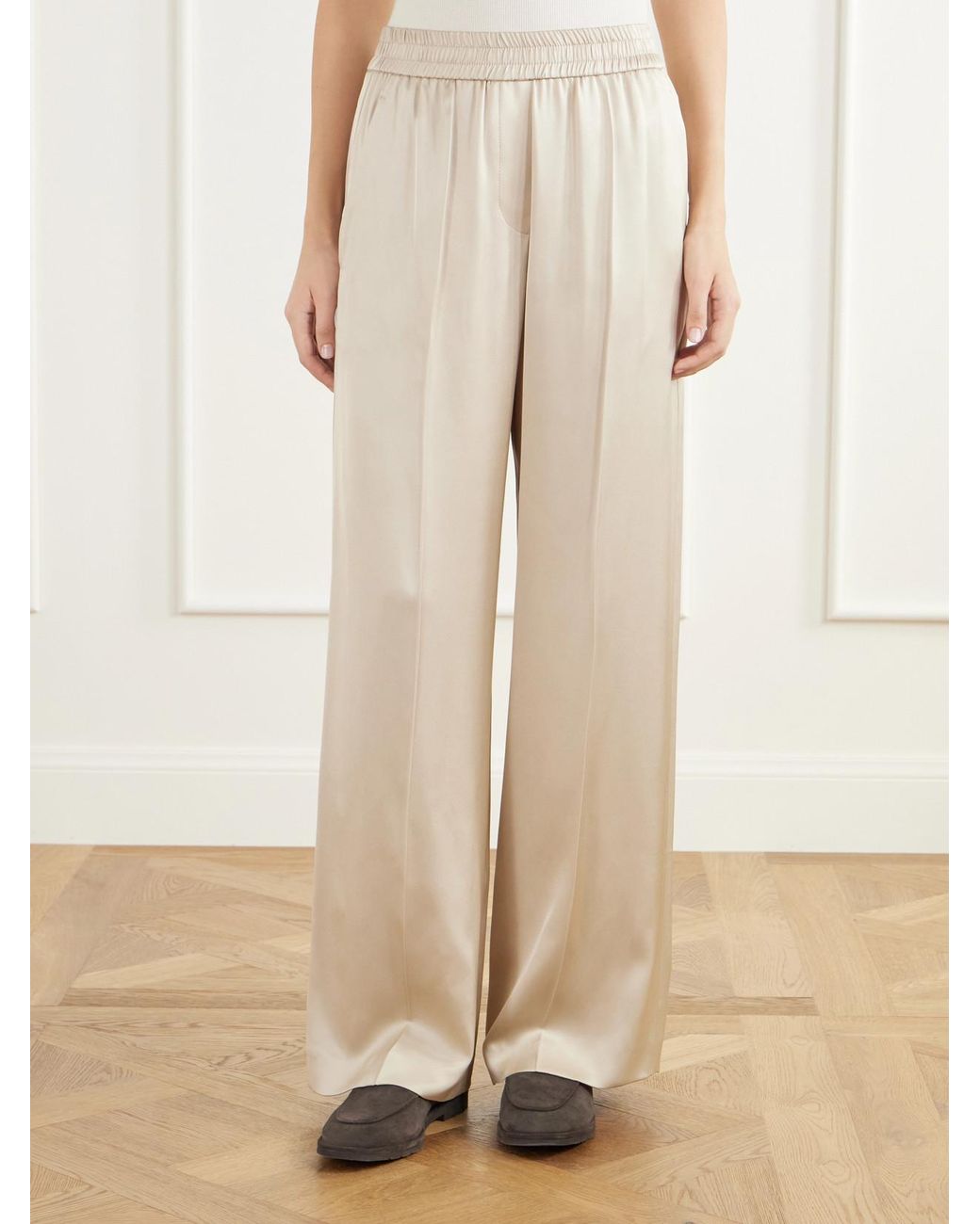 Brunello Cucinelli Natural Pleated Silk-Satin Wide-Leg Pants