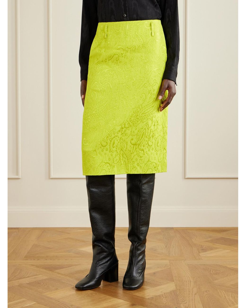 Dries Van Noten Yellow Paisley Motif Matelassé Jacquard Midi Skirt
