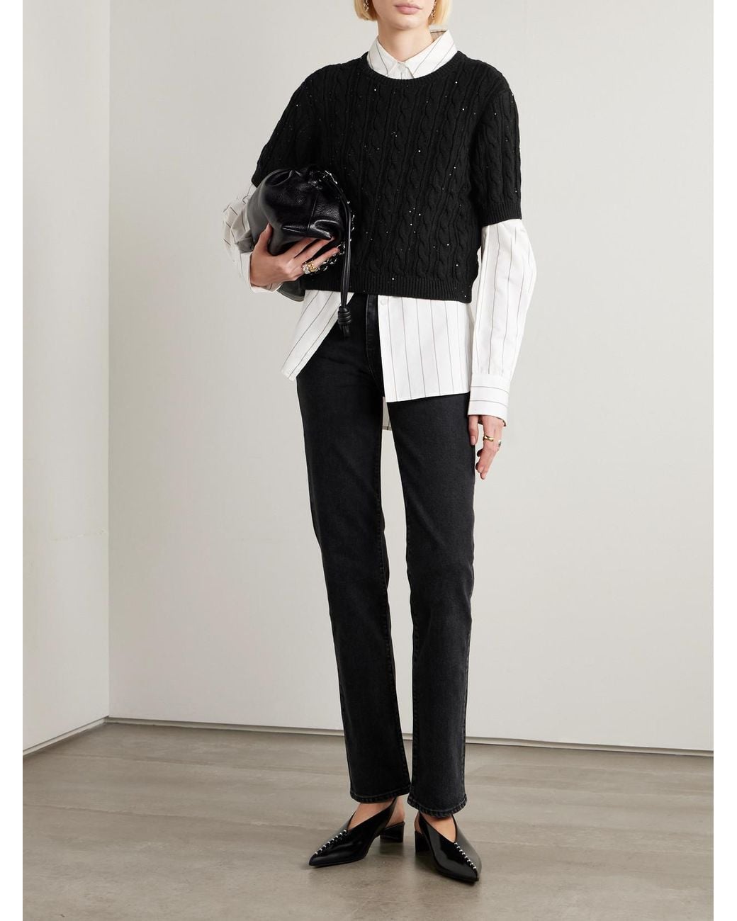FRAME Black Sequin-Embellished Cable-Knit Cotton-Blend Sweater