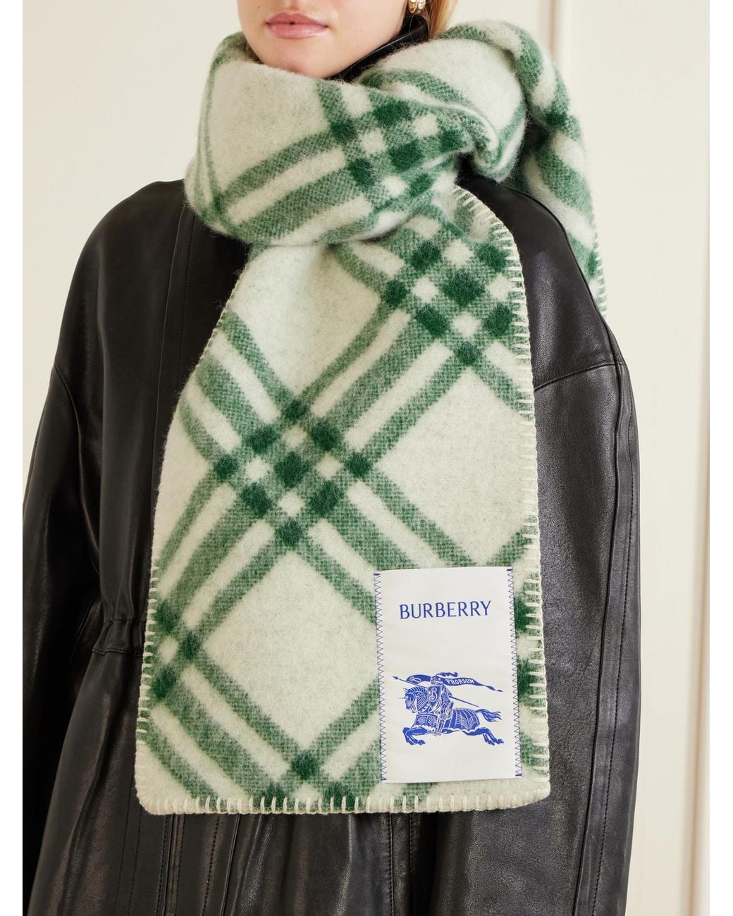 Burberry Green Logo-Appliquéd Checked Wool Scarf