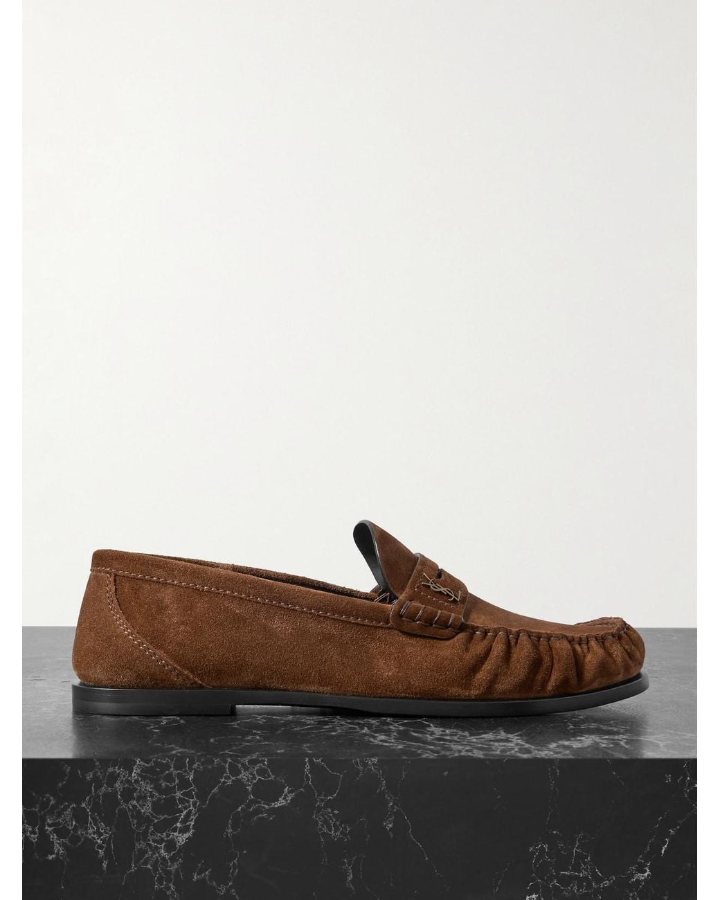 Saint Laurent Brown Laurent Cassandre-Embellished Suede Penny Loafers