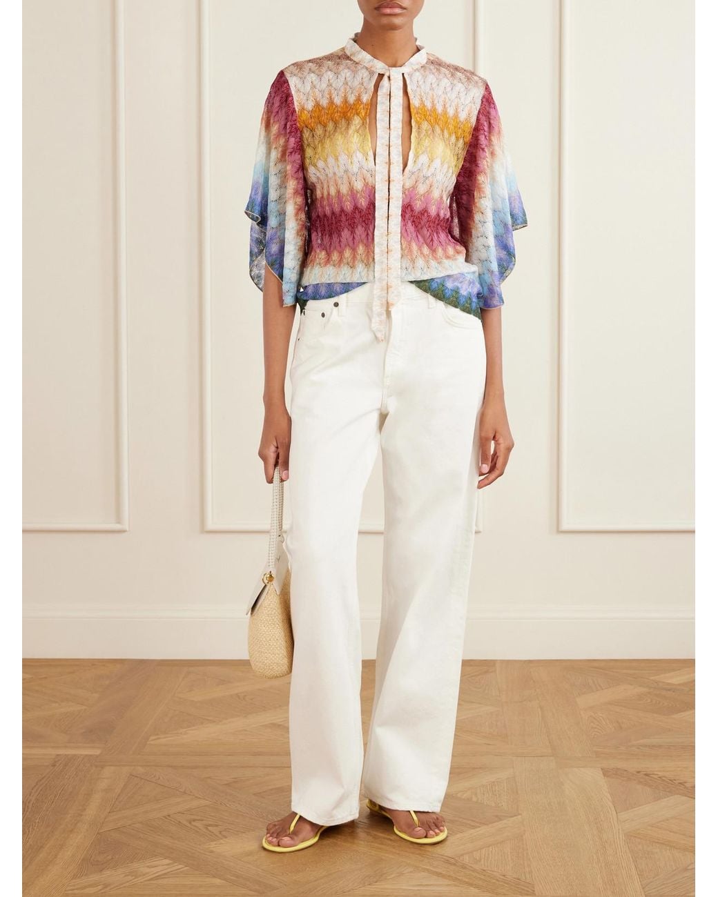 Missoni Gray Tie-Detailed Striped Crochet-Knit Blouse