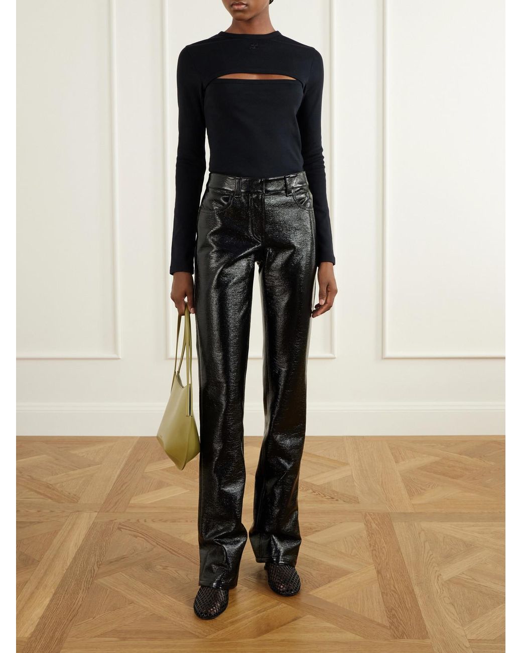 Courreges Black Cotton-Blend Vinyl Straight-Leg Pants