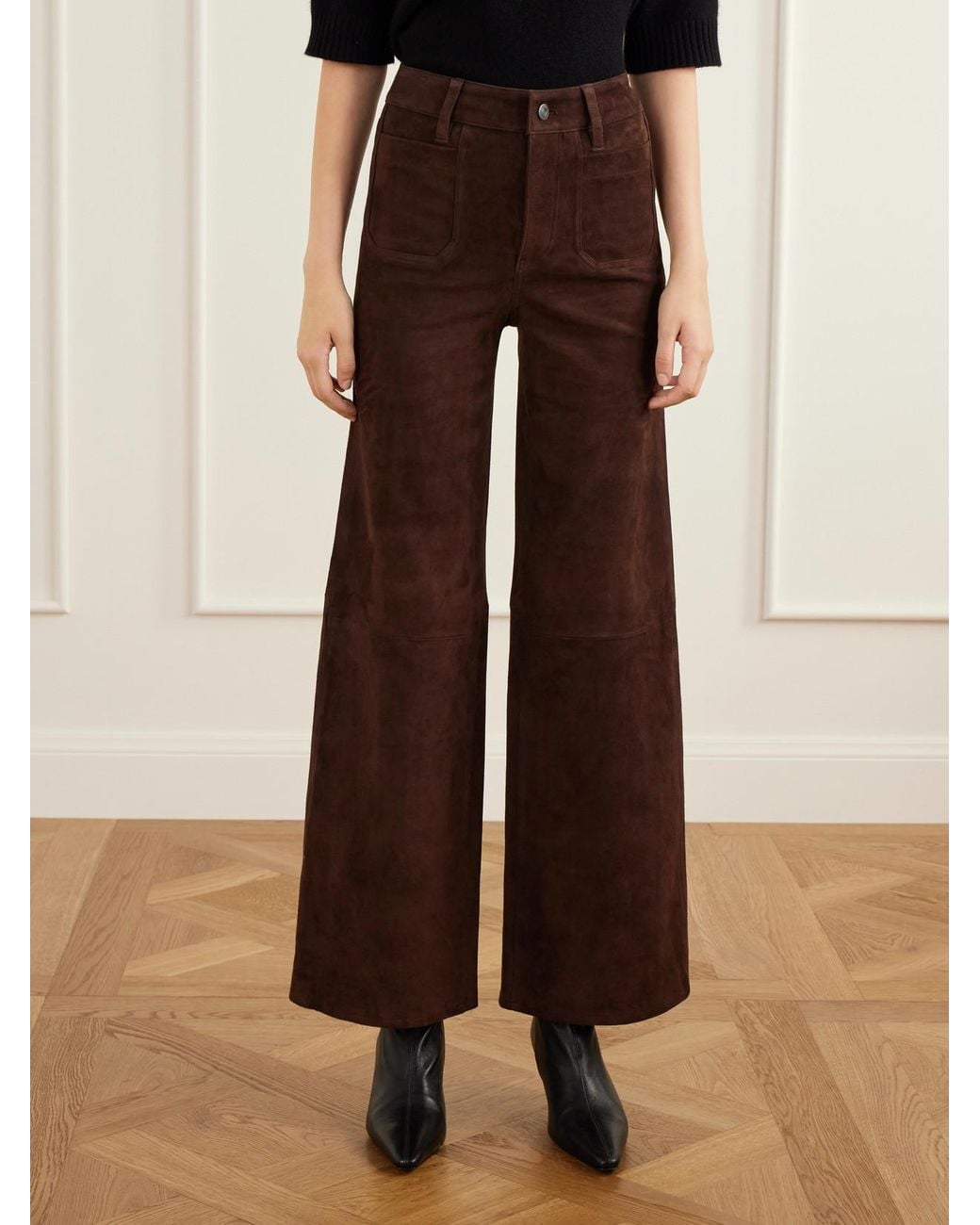 FRAME Brown Le Slim Palazzo Modernist Pocket Suede High-Rise Wide-Leg Pants