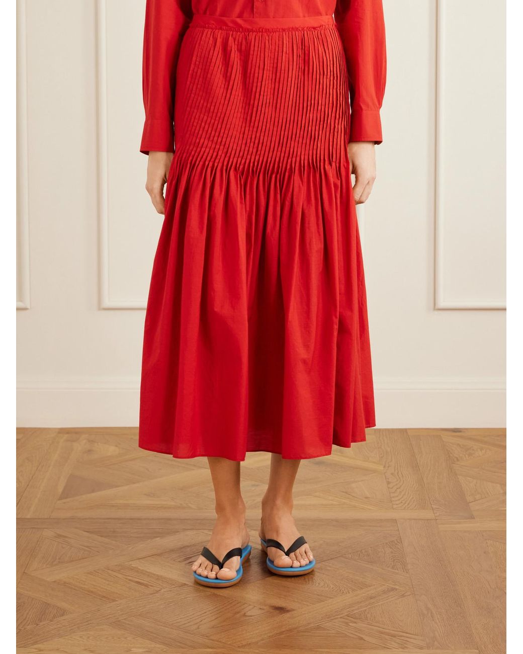 Auralee Red Pleated Cotton-Poplin Midi Skirt