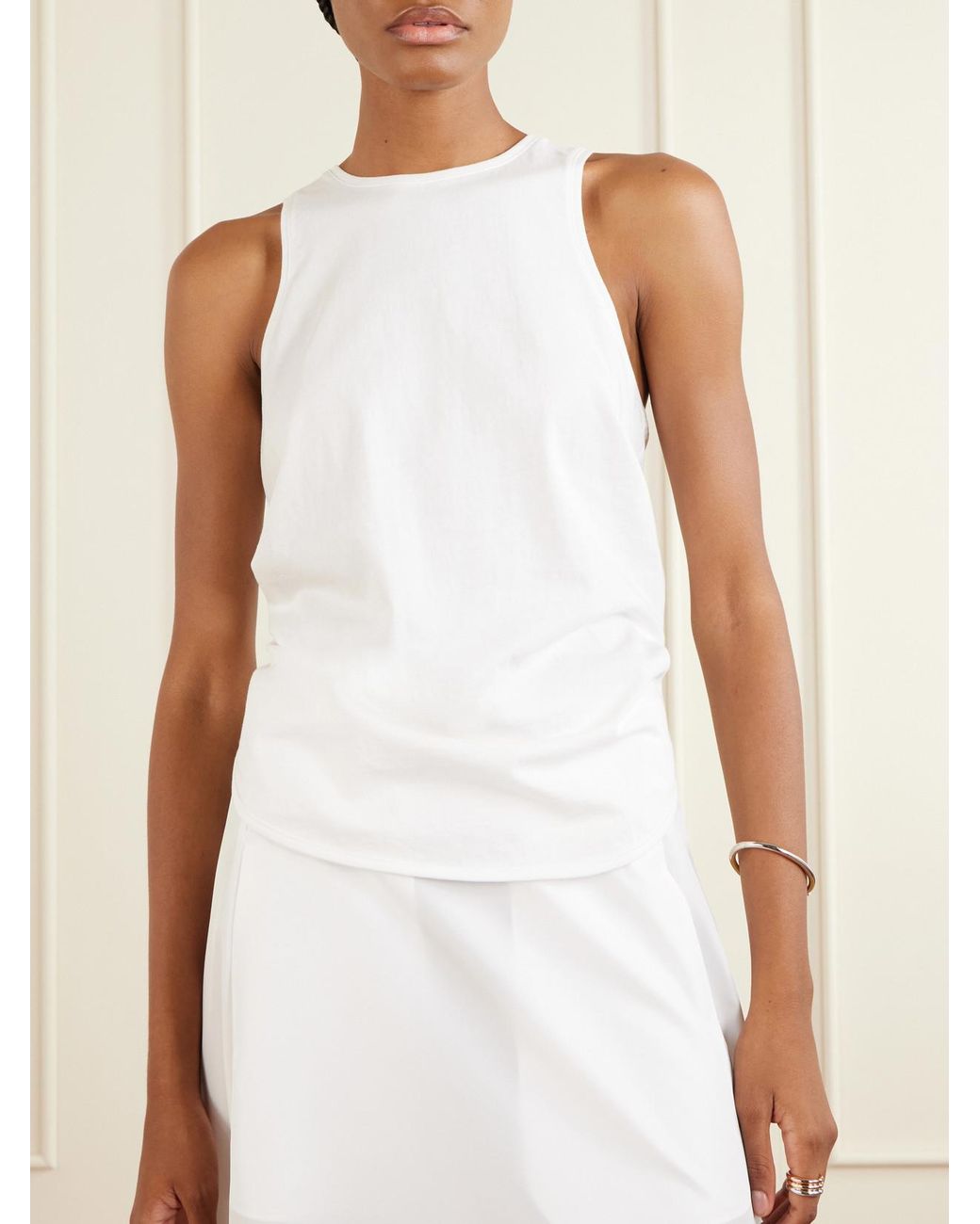 Tibi White Ruched Open-Back Cotton-Blend Jersey Tank