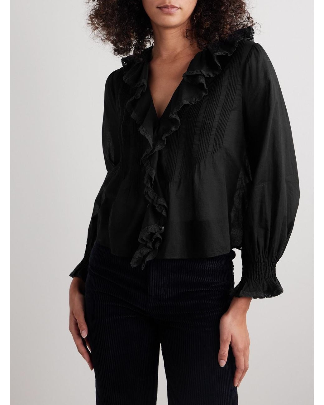 Doen Black Hardy Lace-Trimmed Ruffled Pintucked Organic Cotton-Voile Blouse