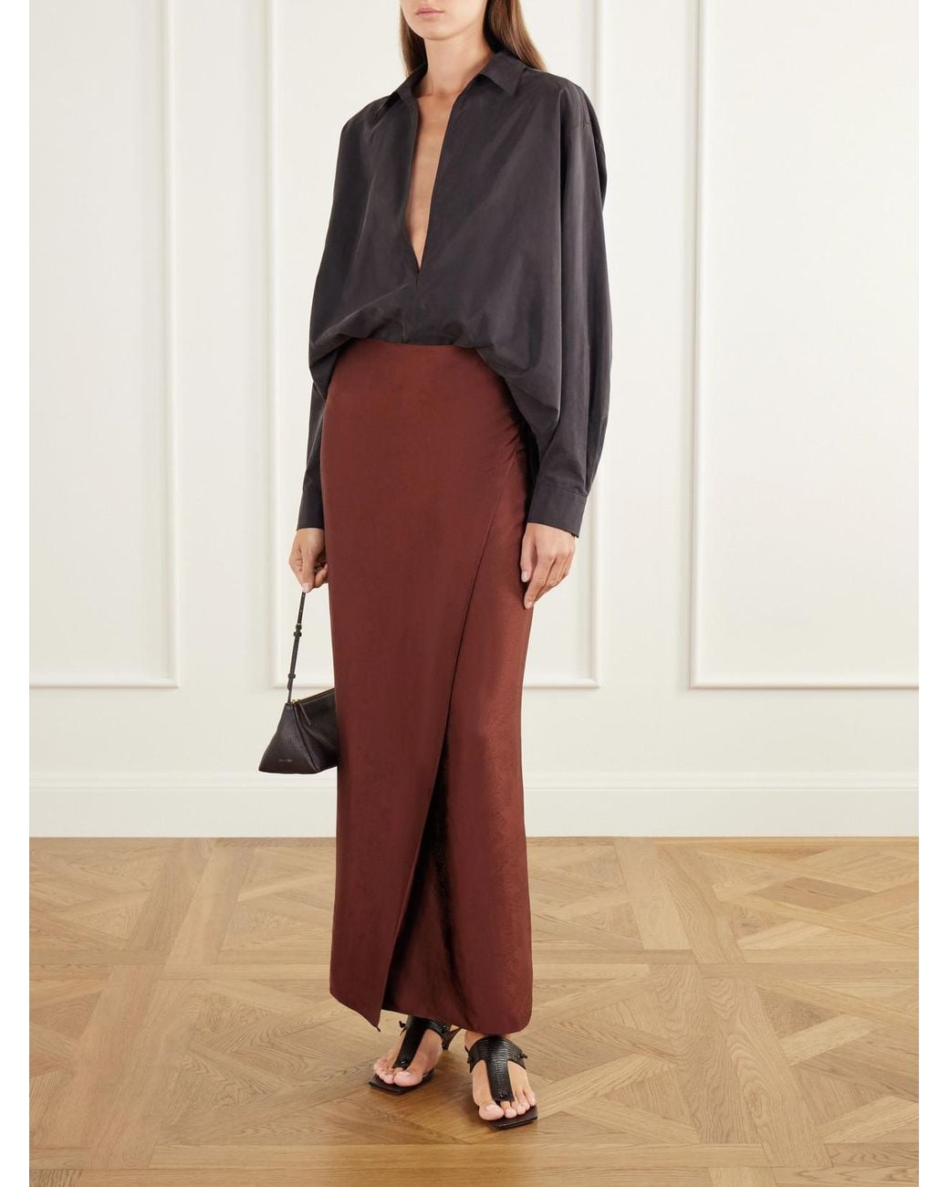 Ruohan Brown Althea Wrap-Effect Satin-Jacquard Maxi Skirt