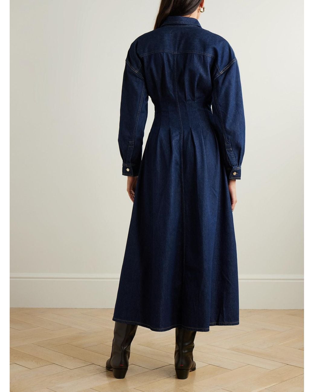 pleated denim maxi dress Waist-Tied Pleated Denim Dress, LIGHT BLUE / S