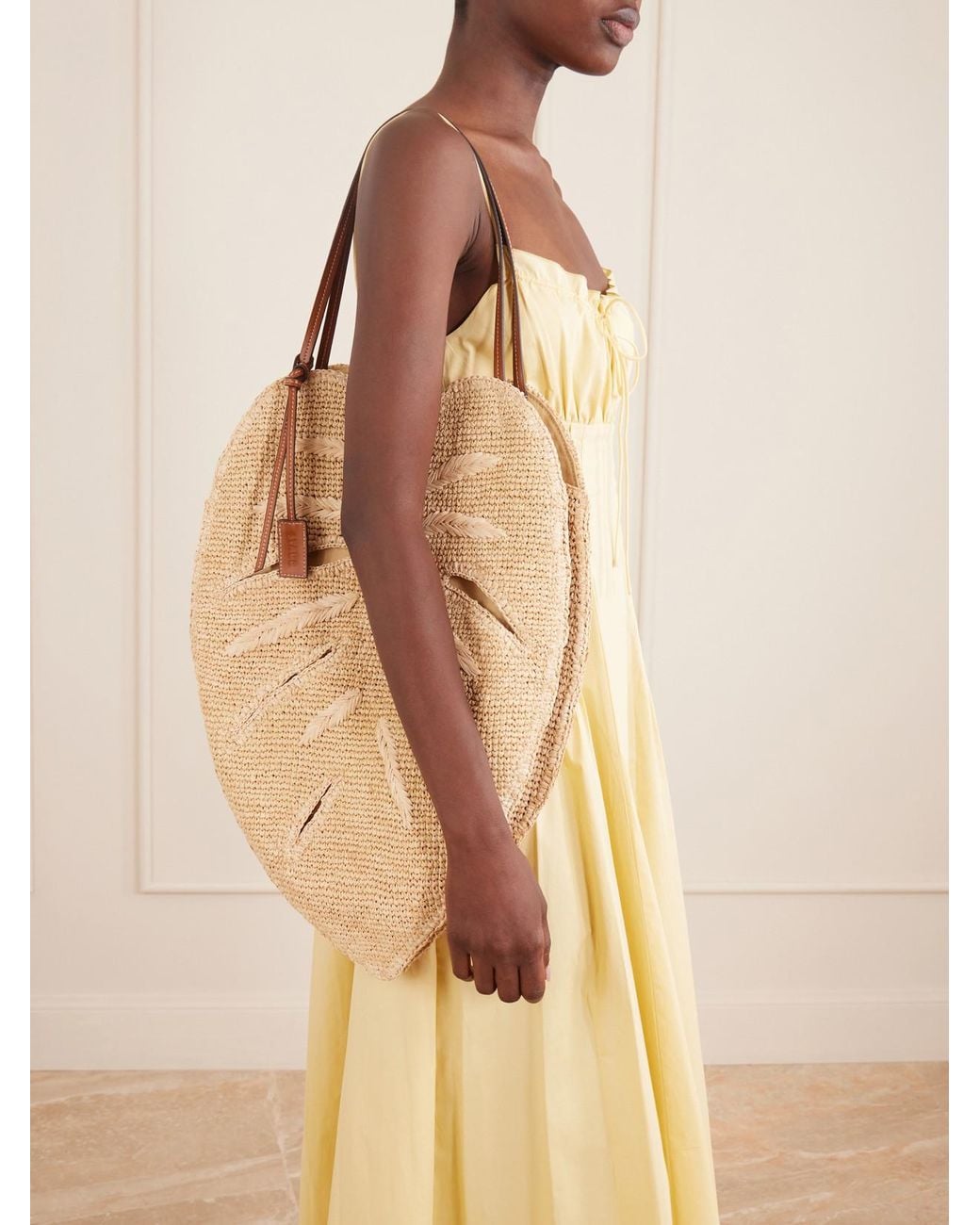 Staud White Palm Leather-Trimmed Raffia Tote