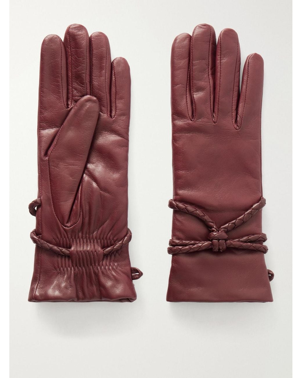 Agnelle Red Prune Braid-Detailed Leather Gloves