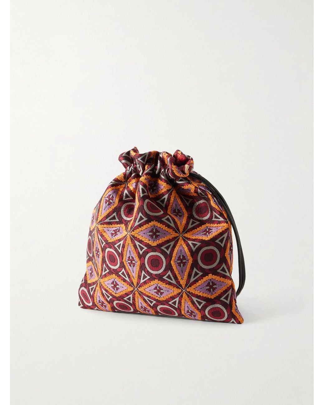 LaDoubleJ Red Drawstring Leather-Trimmed Jacquard-Knit Clutch