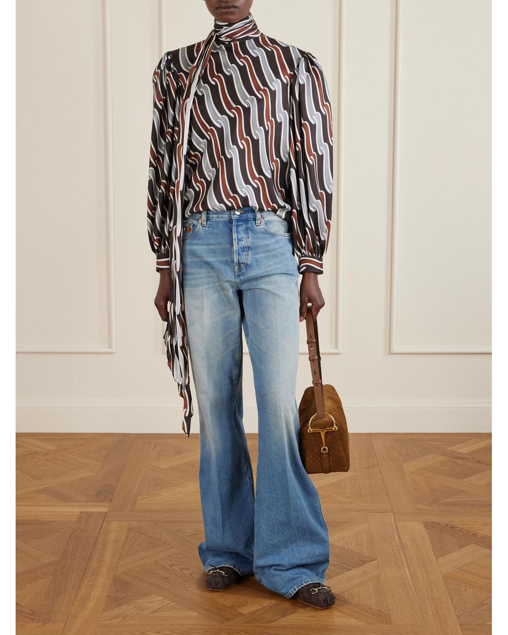 Gucci White Ballerinas Aus Canvas Mit Jacquard-Muster, Horsebit-Detail Und Schleife