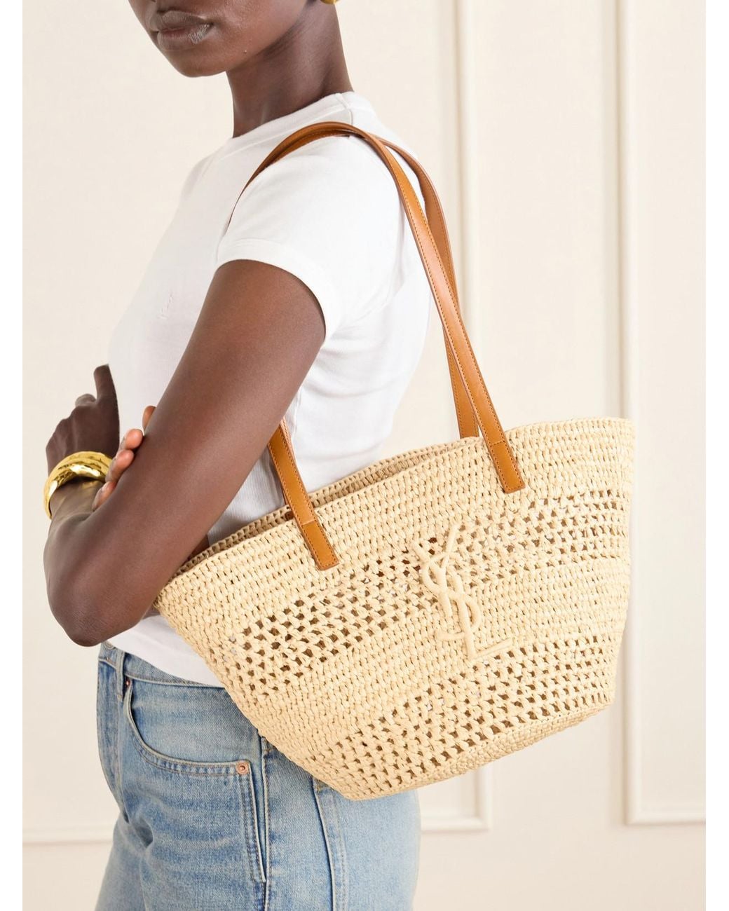 Saint Laurent Natural Panier Small Leather-Trimmed Raffia Tote