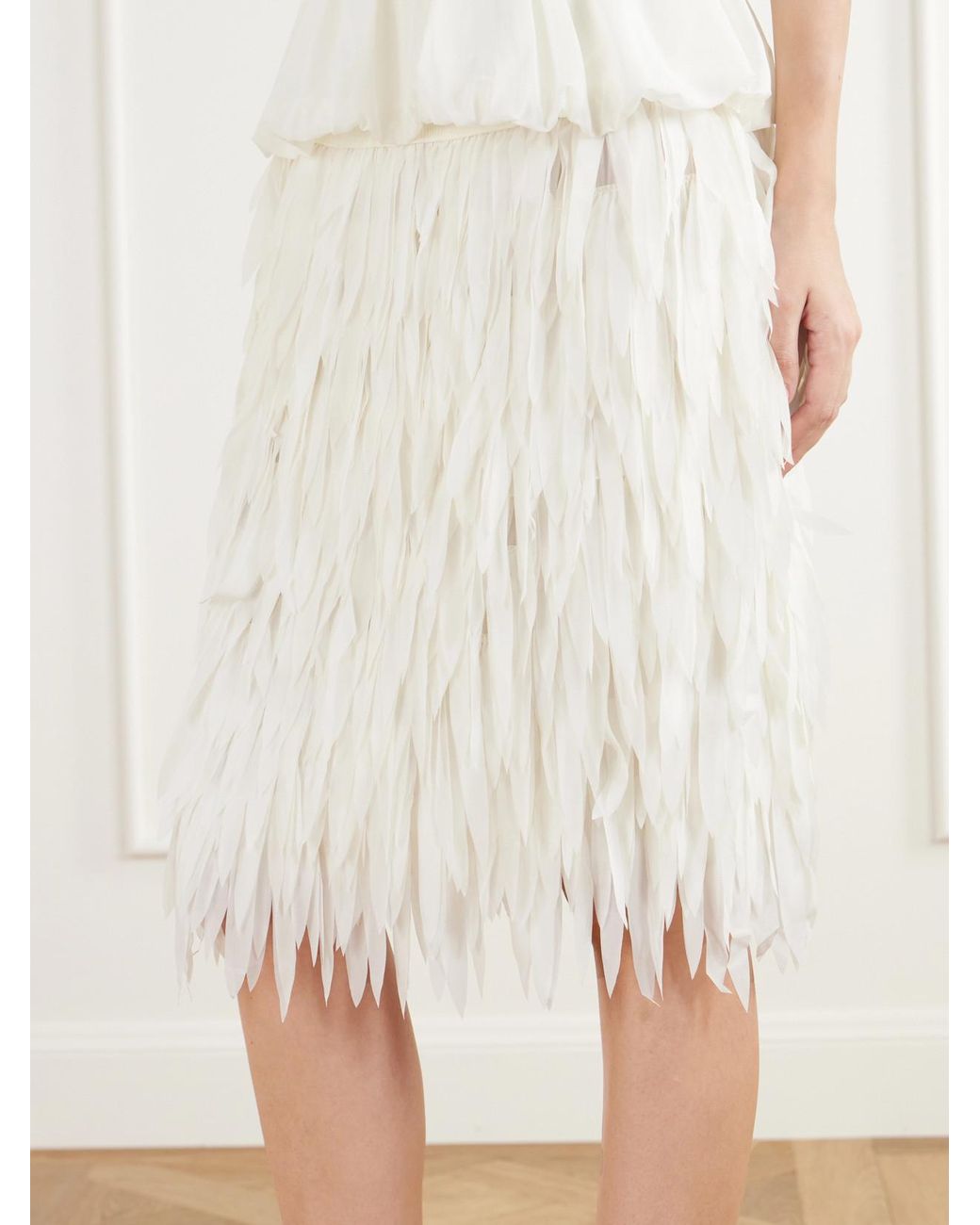 St. Agni White Rib-Trimmed Fringed Chiffon Midi Skirt