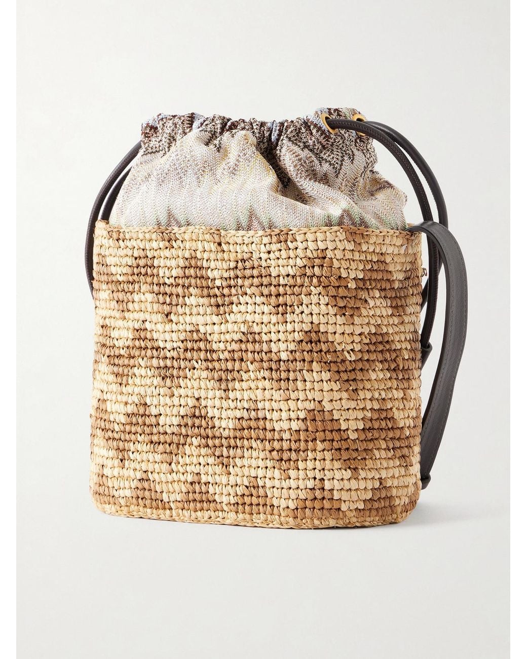Missoni Natural Small Striped Leather-Trimmed Raffia Bucket Bag