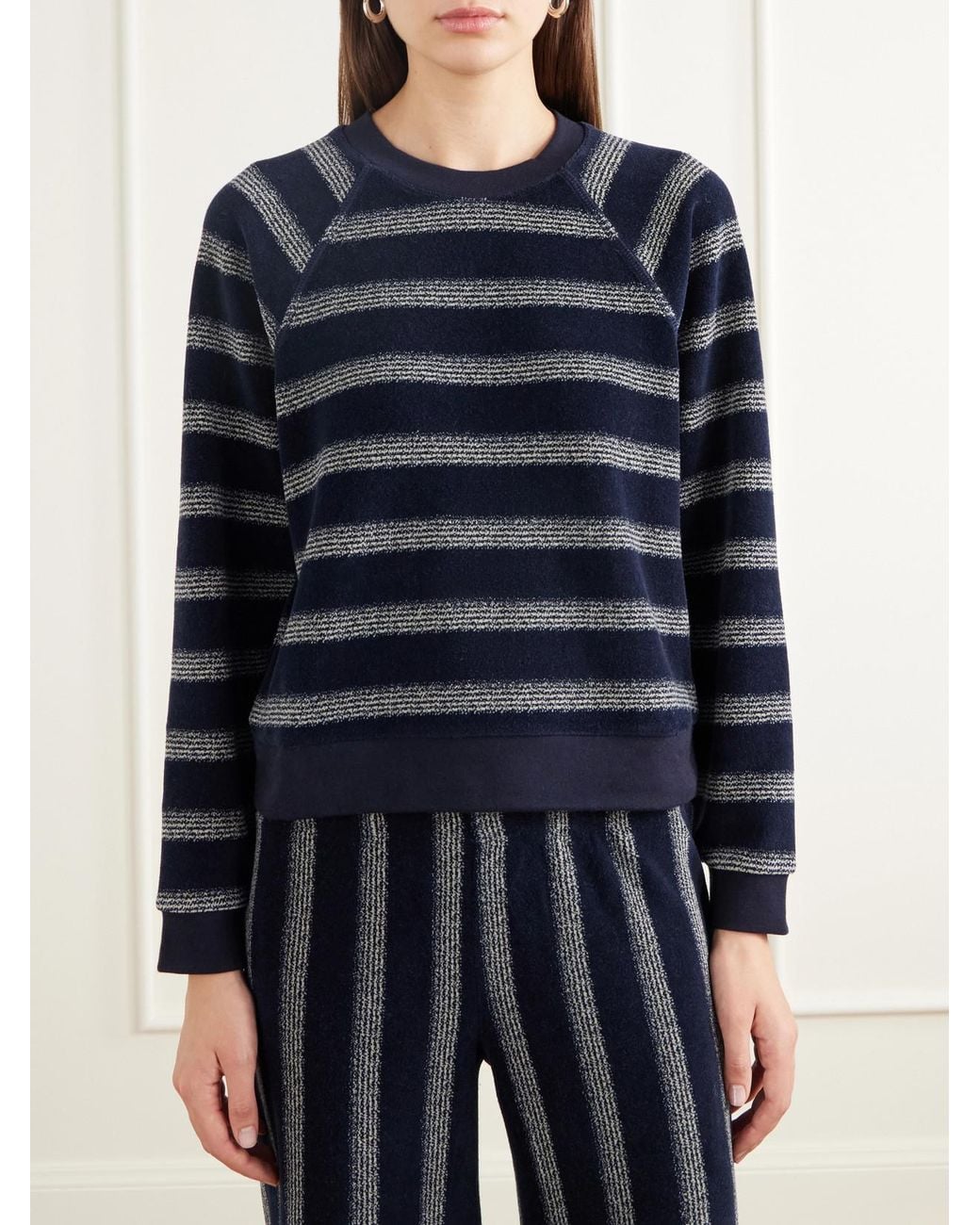 Suzie Kondi Blue Tilos Striped Velour Sweatshirt