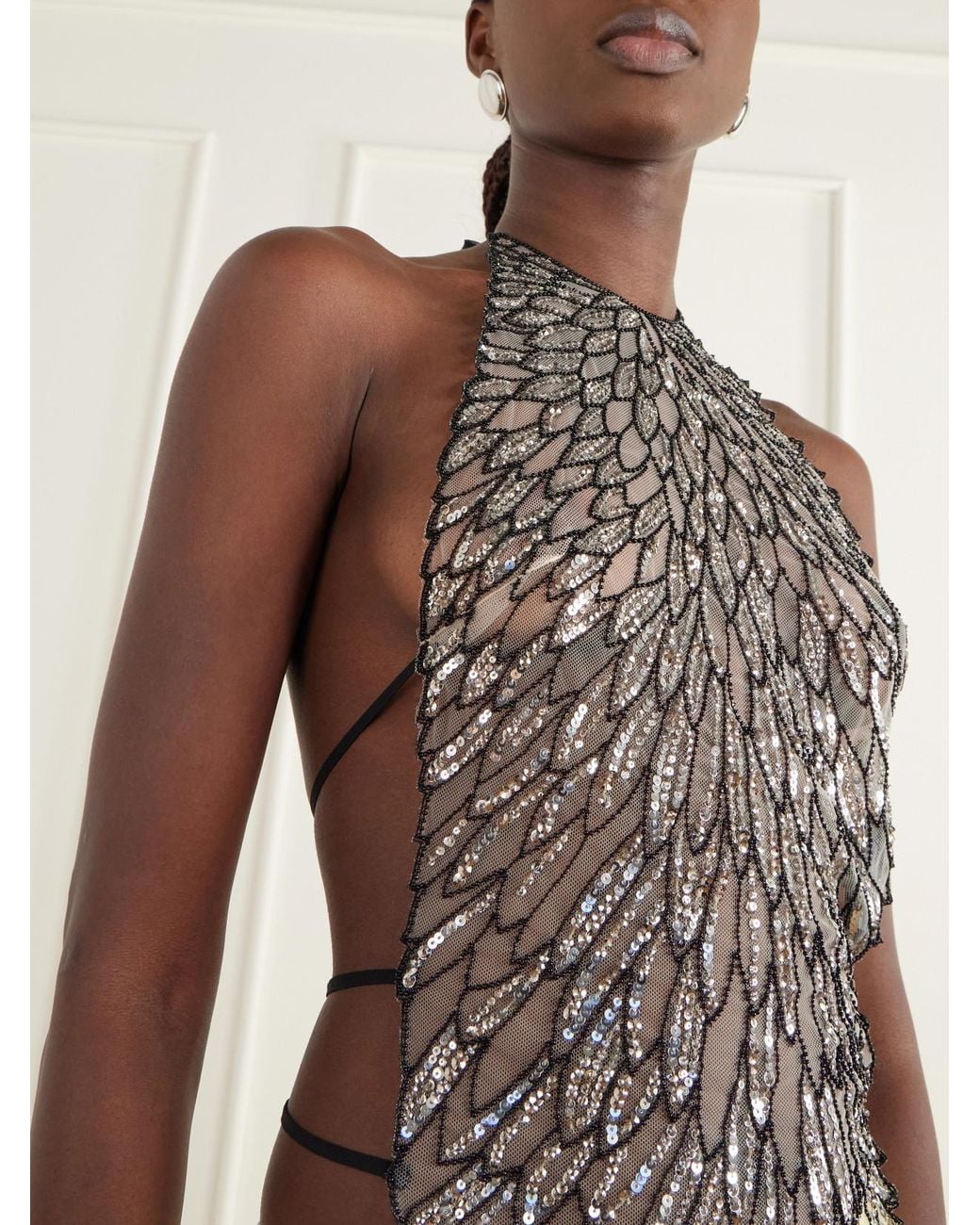 The Attico White Tie-Detailed Sequin-Embellished Tulle Tank