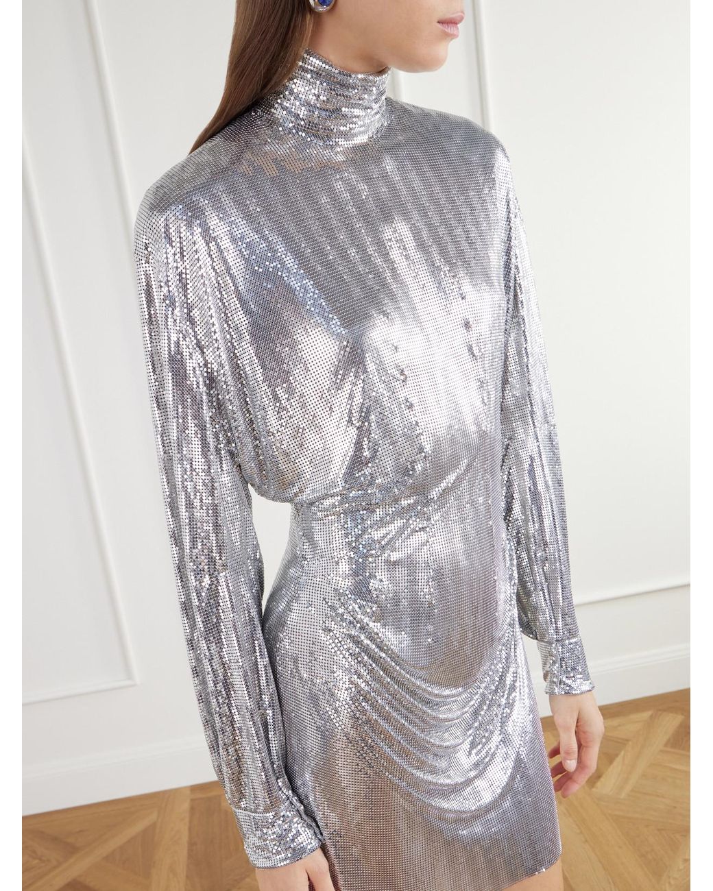 Rabanne White Draped Chainmail Turtleneck Mini Dress