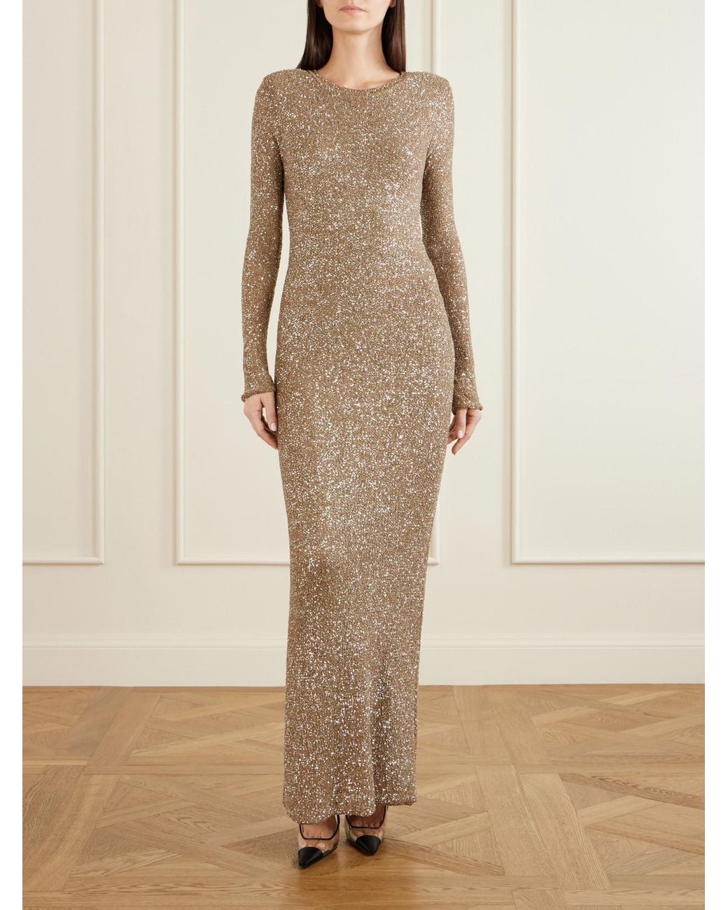 Saint Laurent Natural Sequined Knitted Maxi Dress