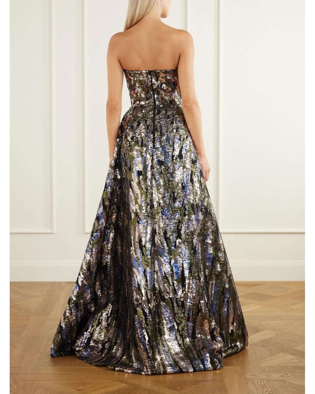 Elie Saab White Strapless Embroidered Sequined Tulle Gown