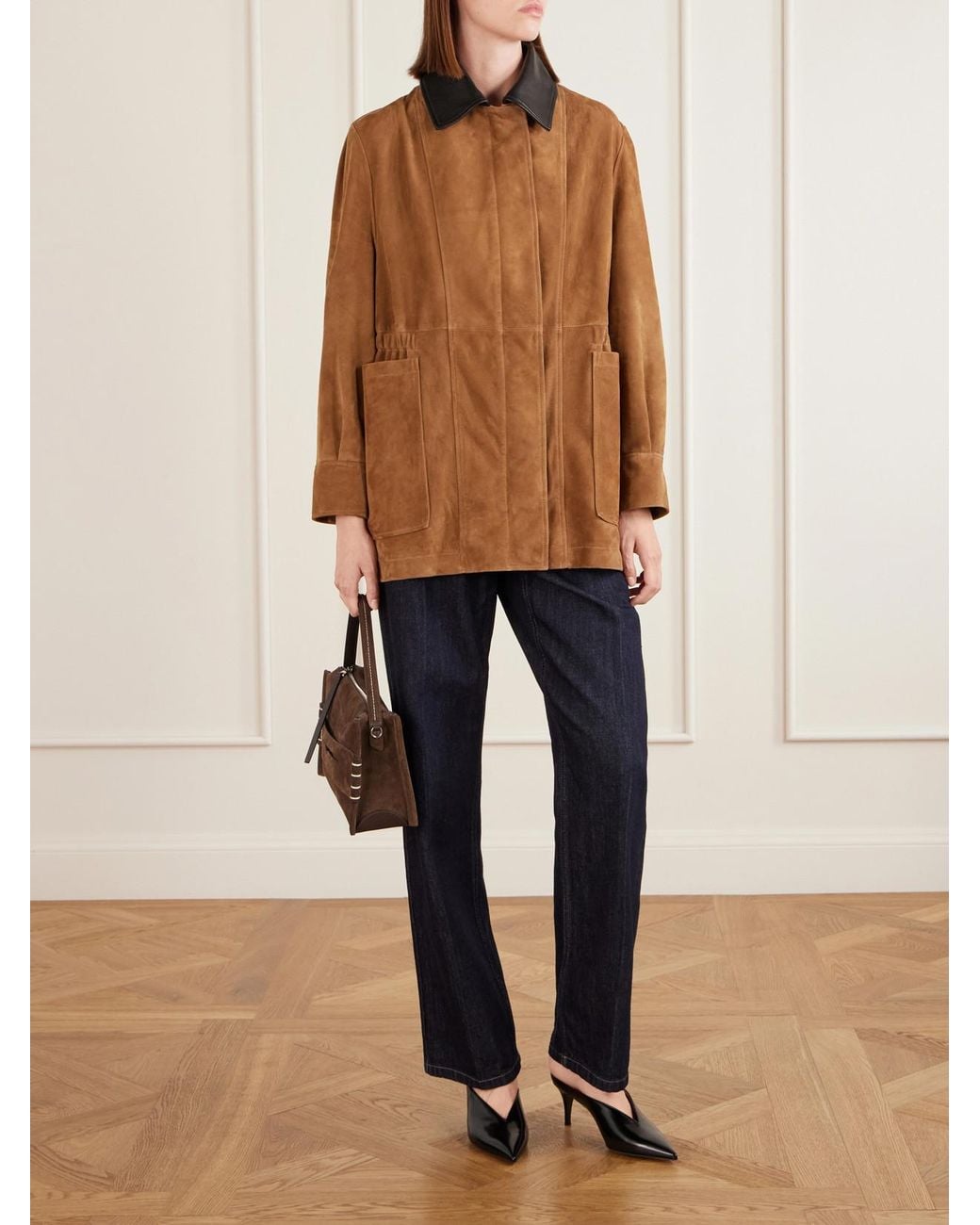 Nour Hammour Brown Grange Gathered Leather-Trimmed Suede Jacket