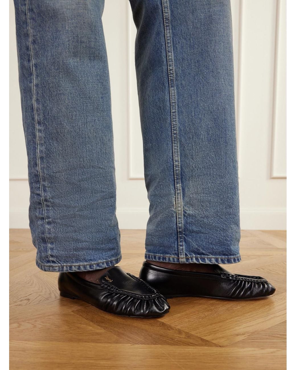 Saint Laurent Black Loaferino Gathered Leather Ballet Flats