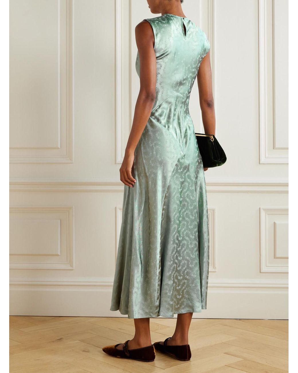 Doen Ginette Paneled Floral-Jacquard Satin Midi Dress in Green | Lyst