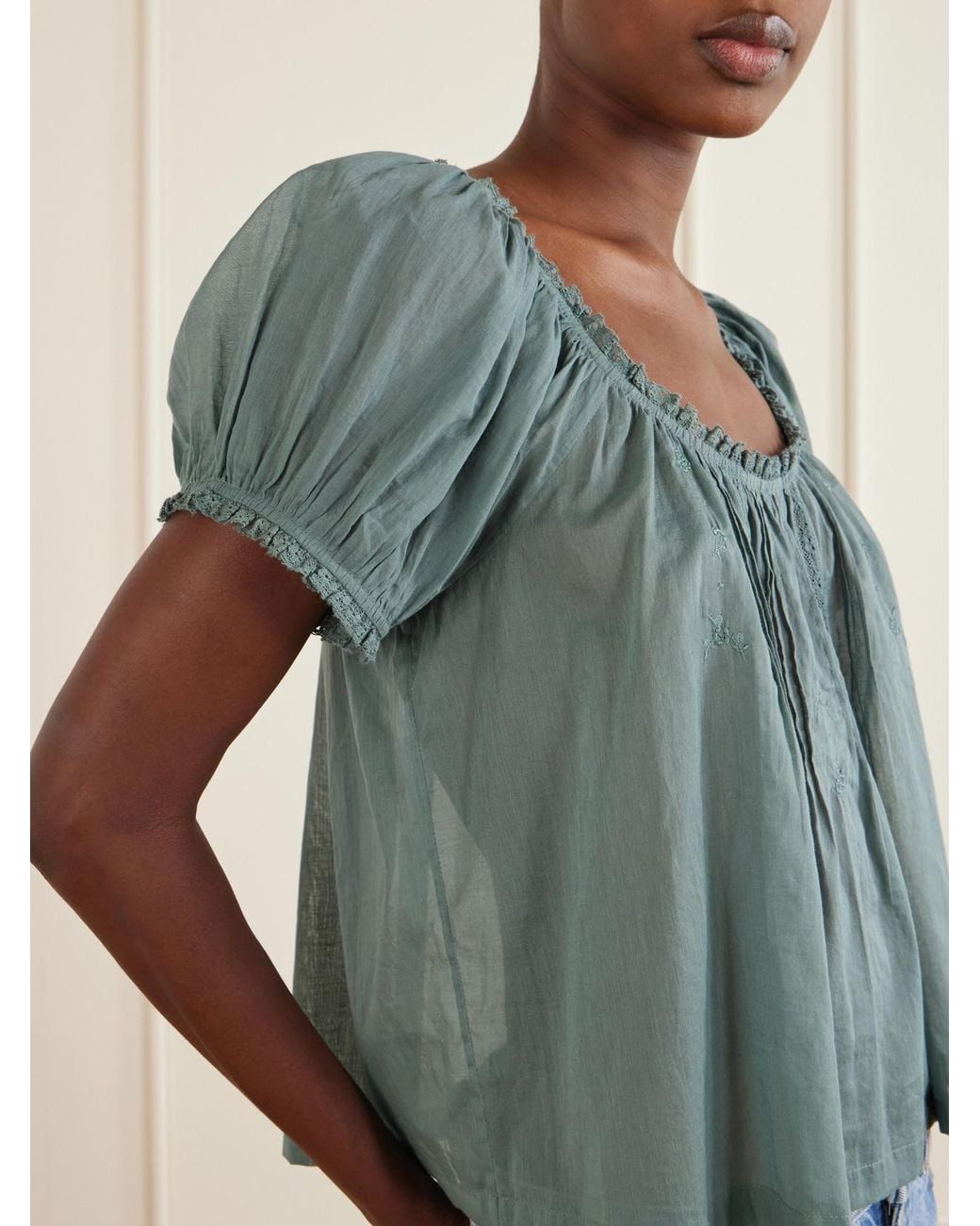 Doen Blue Frederica Lace-Trimmed Organic Cotton-Voile Blouse