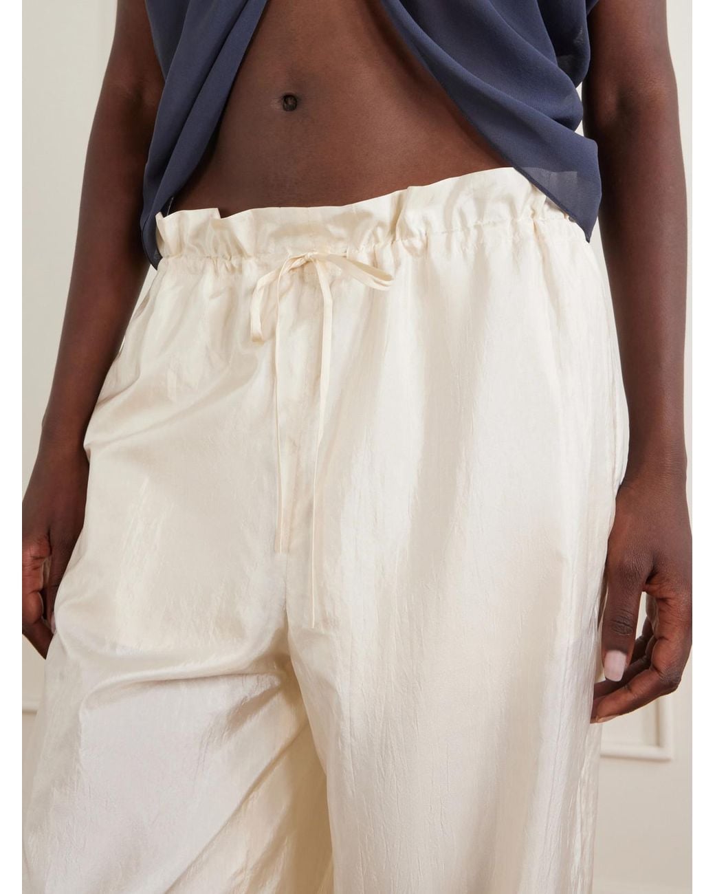 Aflalo White Morocco Cotton And Silk-Blend Habotai Wide-Leg Pants