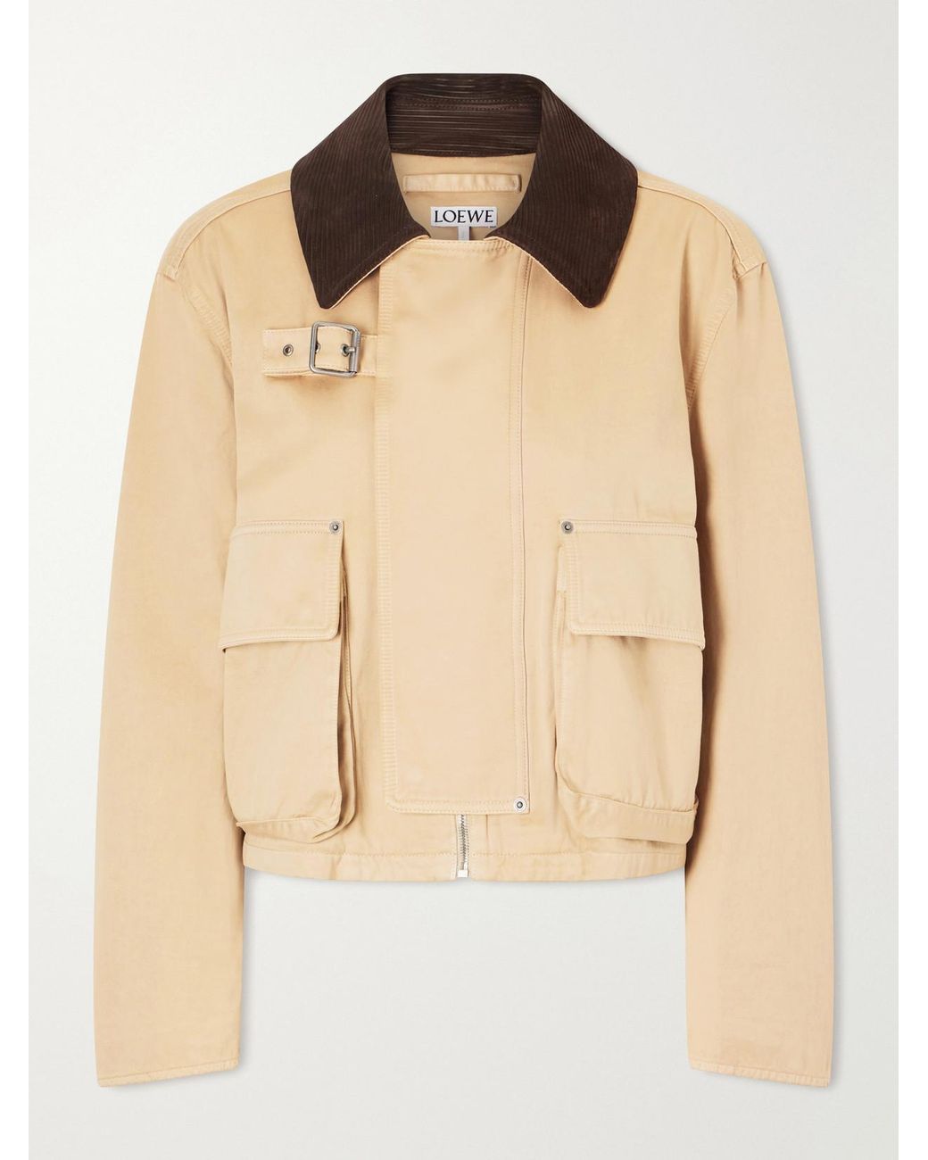 Loewe Natural Cropped Belted Corduroy-Trimmed Cotton-Gabardine Jacket