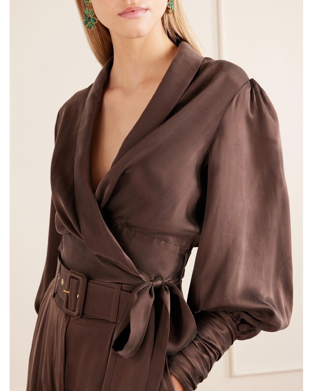 Zimmermann Brown Knot-Detailed Silk-Satin Blouse