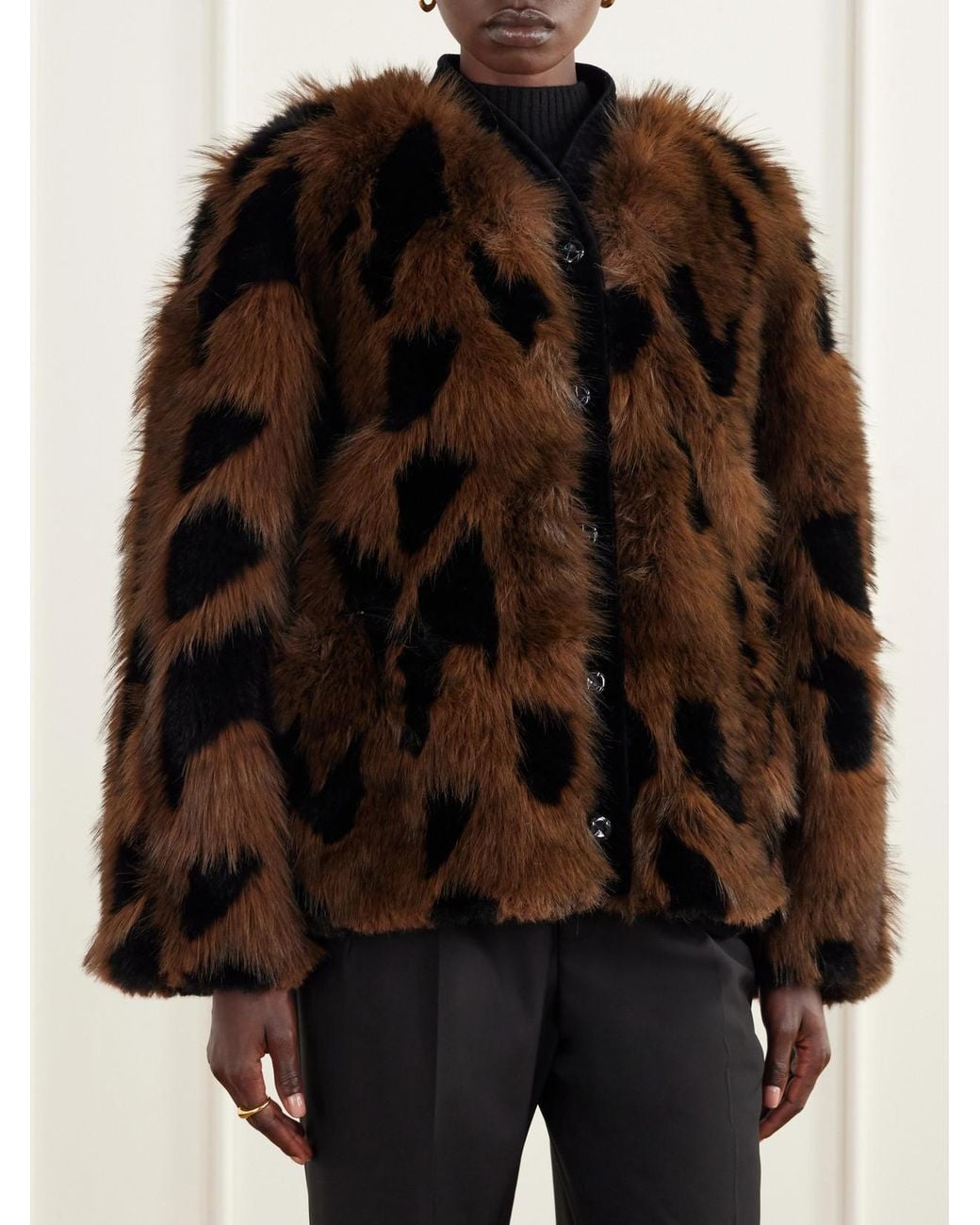 Blazé Milano Brown Chausie Leopard-Pattern Velvet-Trimmed Plush Jacket
