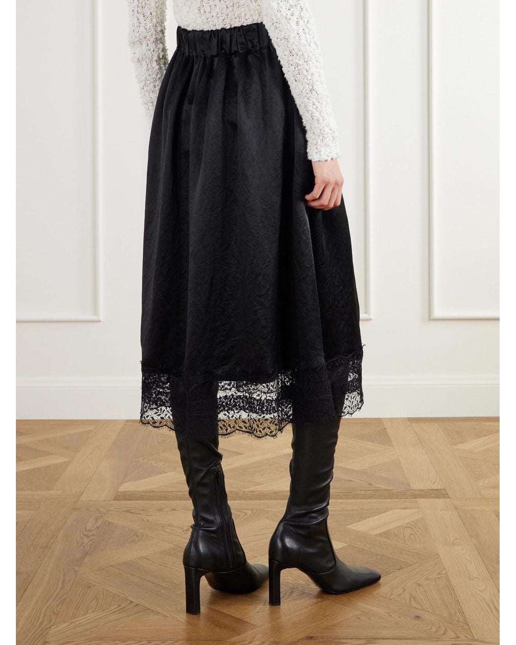 Maria McManus Black Gathered Lace-Trimmed Crinkled Satin Midi Skirt