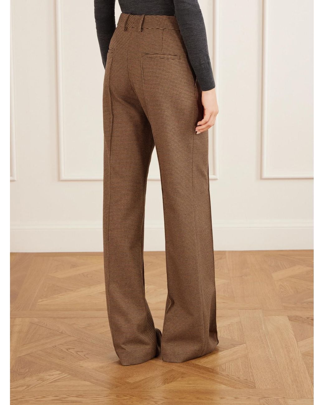 Nili Lotan Brown Etoile Pleated Virgin Wool-Herringbone Straight-Leg Pants