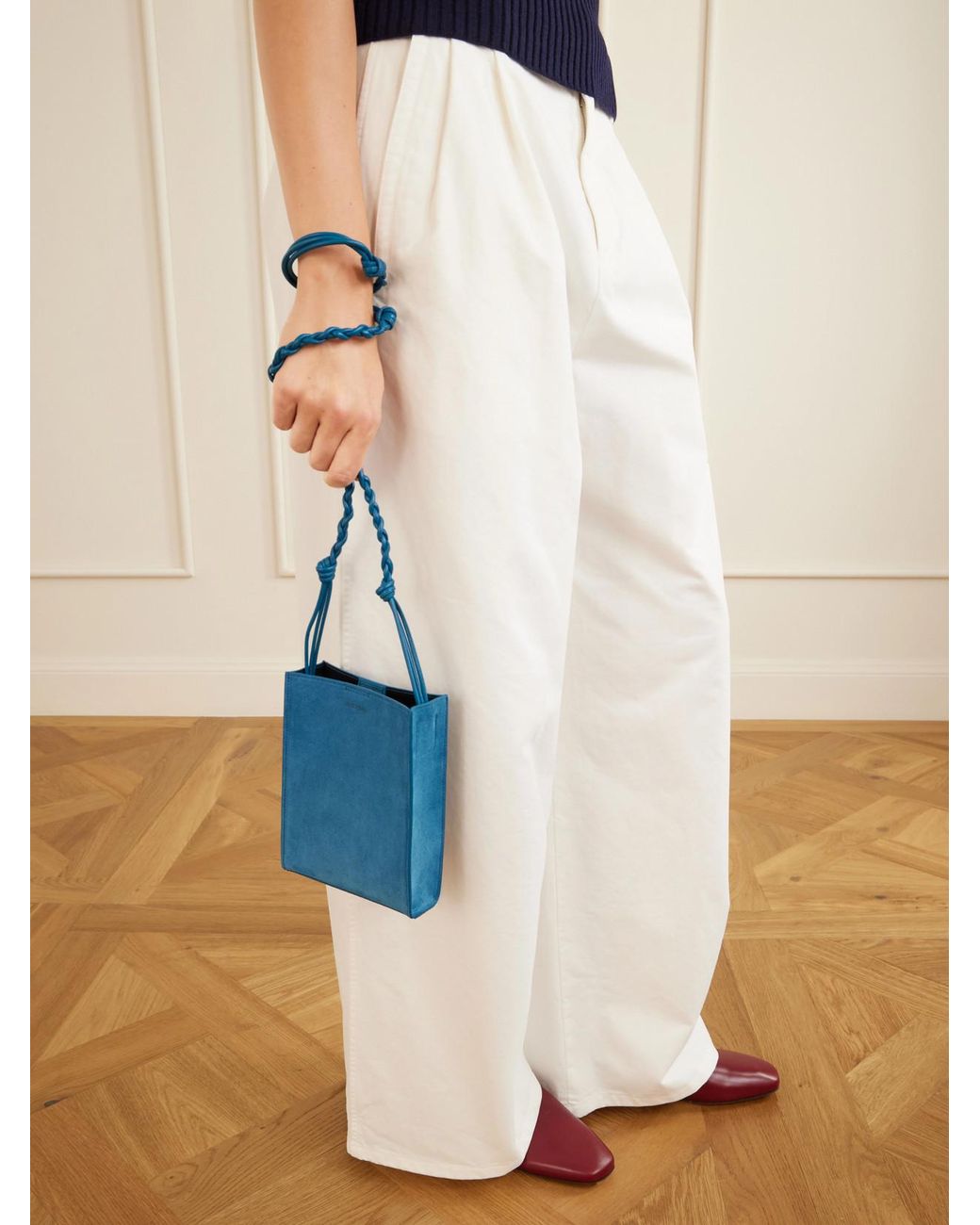 Jil Sander Blue Tangle Small Leather-Trimmed Suede Shoulder Bag