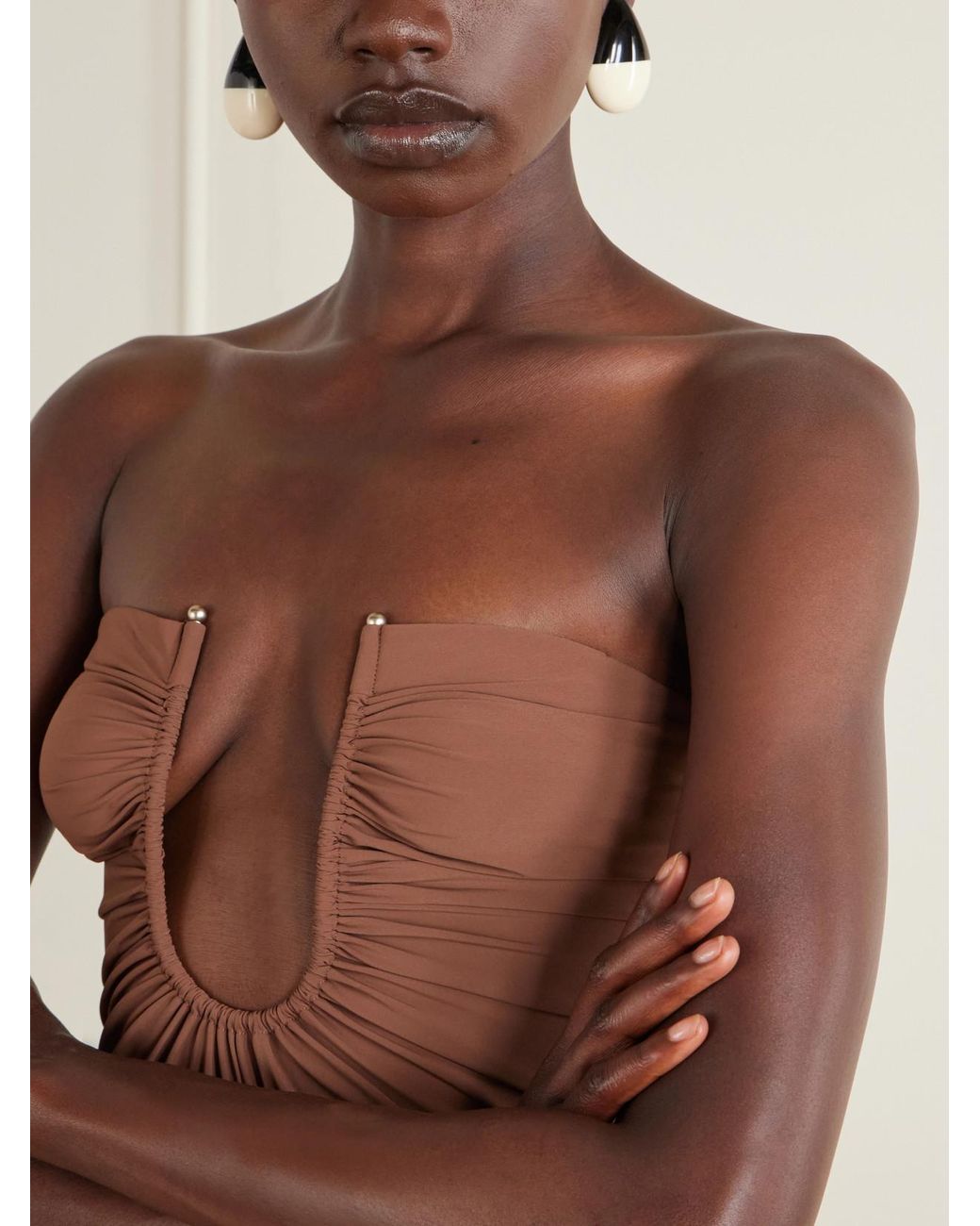 Christopher Esber Brown Arced Ruched Satin Maxi Dress