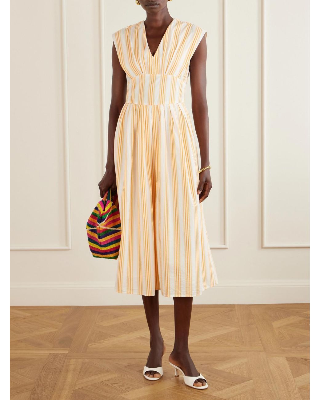 Rosie Assoulin Natural In Full Bloom Gathered Striped Cotton-Taffeta Midi Dress